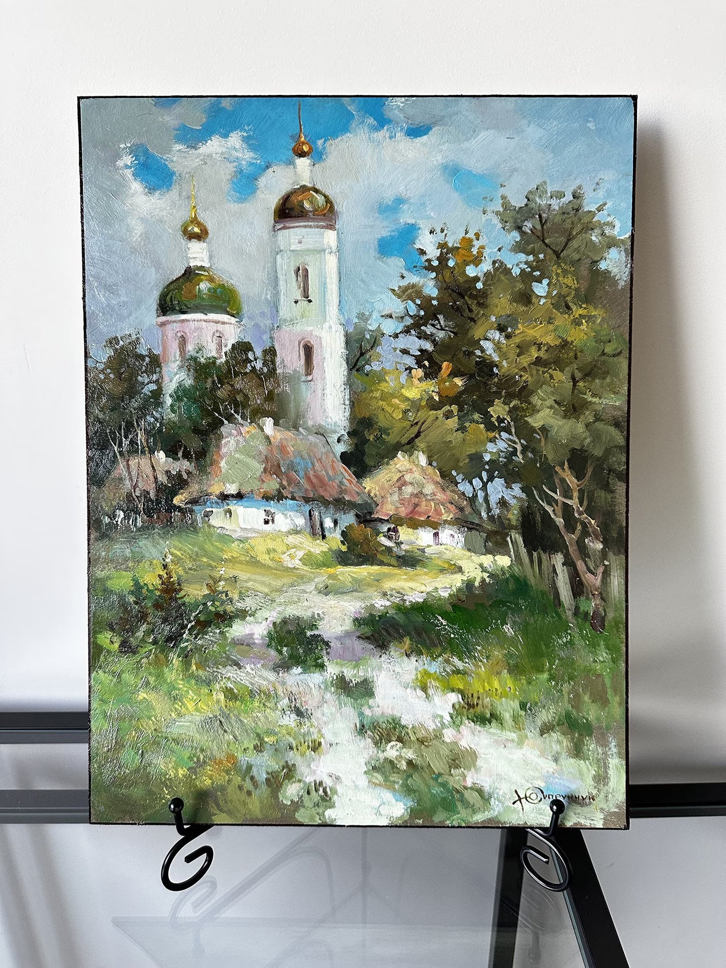 Original painting, gift, ukrainian painting, vintage, wall painting, wall art, landscape, Sunny, Church in the village, artist Y. Suprunchuk