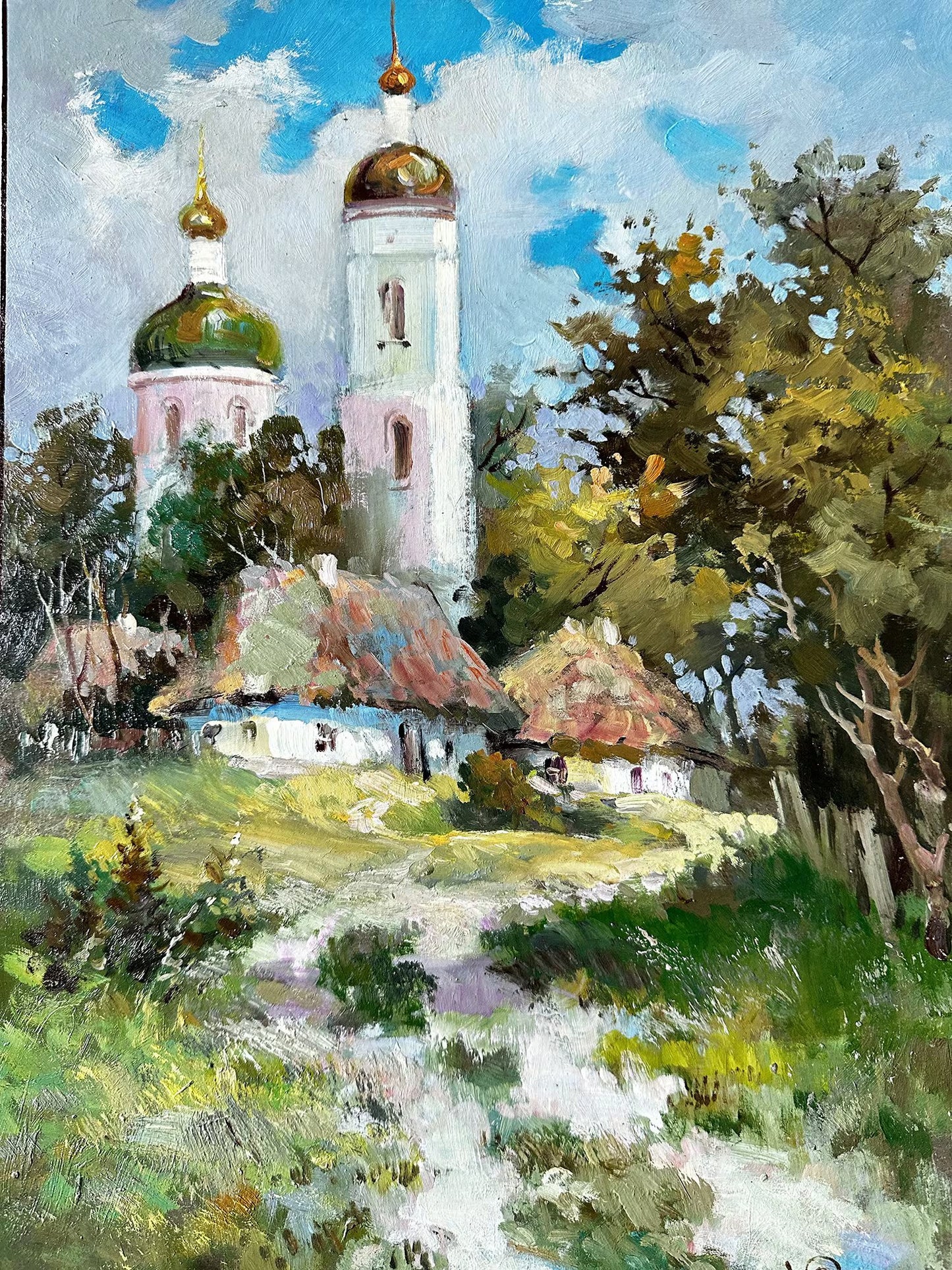 Original painting, gift, ukrainian painting, vintage, wall painting, wall art, landscape, Sunny, Church in the village, artist Y. Suprunchuk