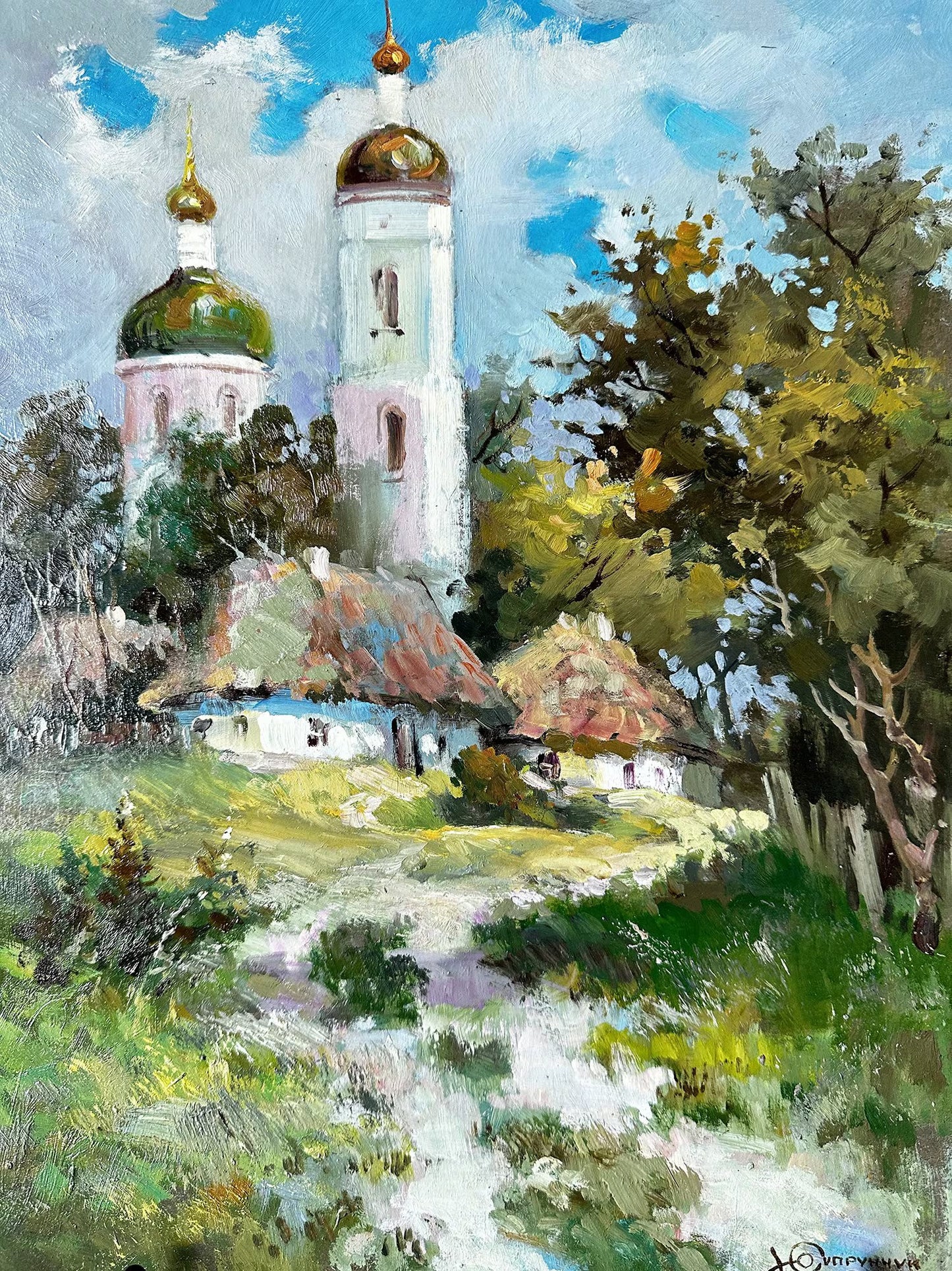 Original painting, gift, ukrainian painting, vintage, wall painting, wall art, landscape, Sunny, Church in the village, artist Y. Suprunchuk