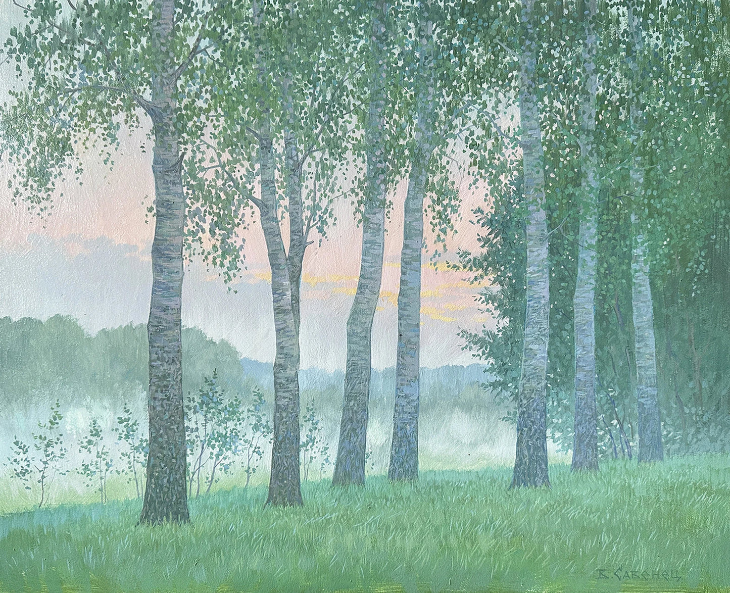 VINTAGE ORIGINAL PAINTING, oil painting, vintage realism, modern painting, impressionism, landscape, Birch Grove, 2020, artist V. Savenets