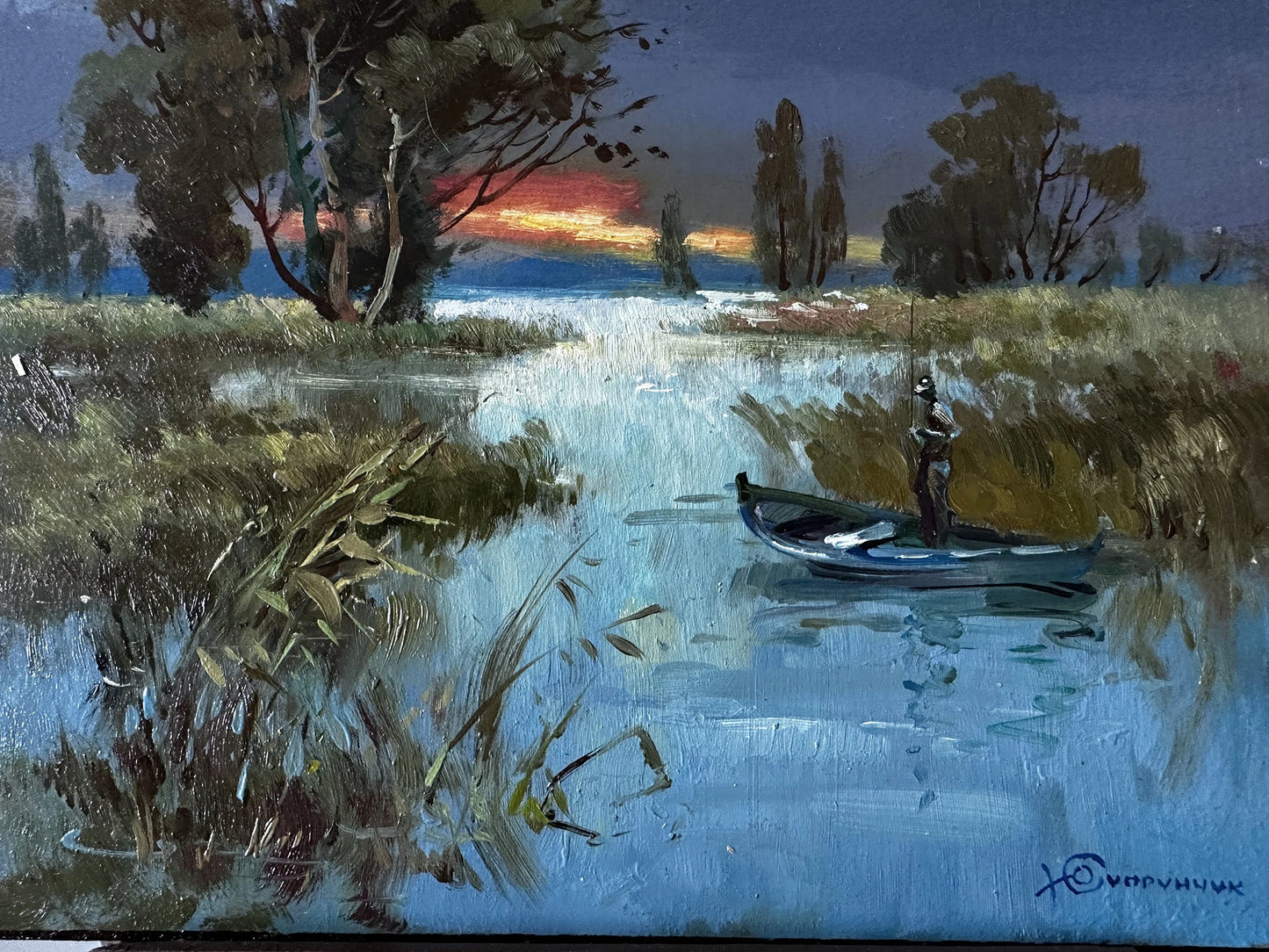 ORIGINAL PAINTING, modern painting, oil painting, impressionism, landscape, rural landscape, Evening fishing, 2020s, artist Y. Suprunchuk