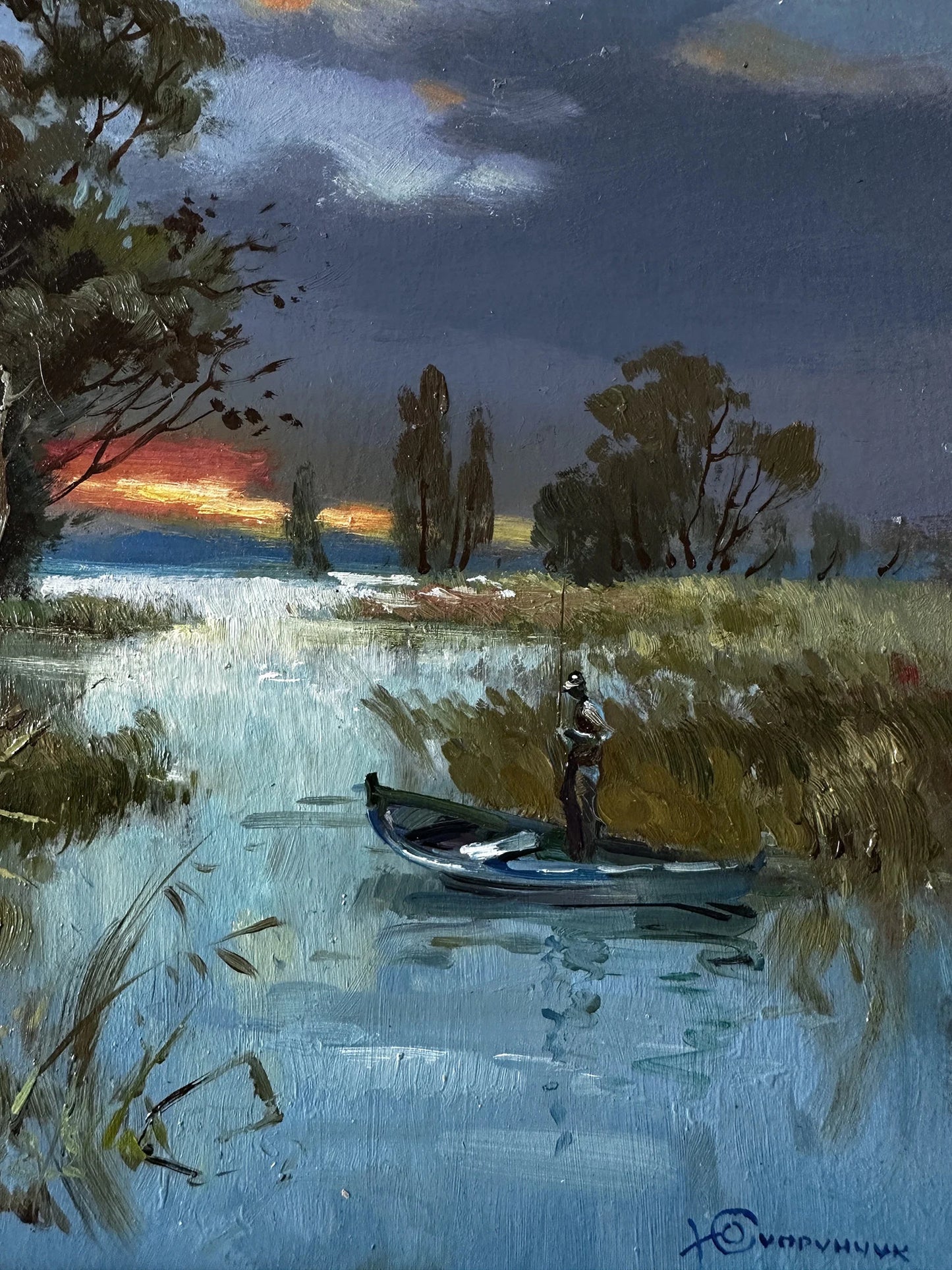 ORIGINAL PAINTING, modern painting, oil painting, impressionism, landscape, rural landscape, Evening fishing, 2020s, artist Y. Suprunchuk