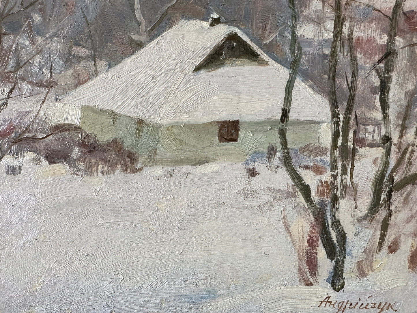 VINTAGE ORIGINAL PAINTING, oil painting, ukrainian painting, impressionism, landscape, Winter day, 1975, artist M. Andriychuk