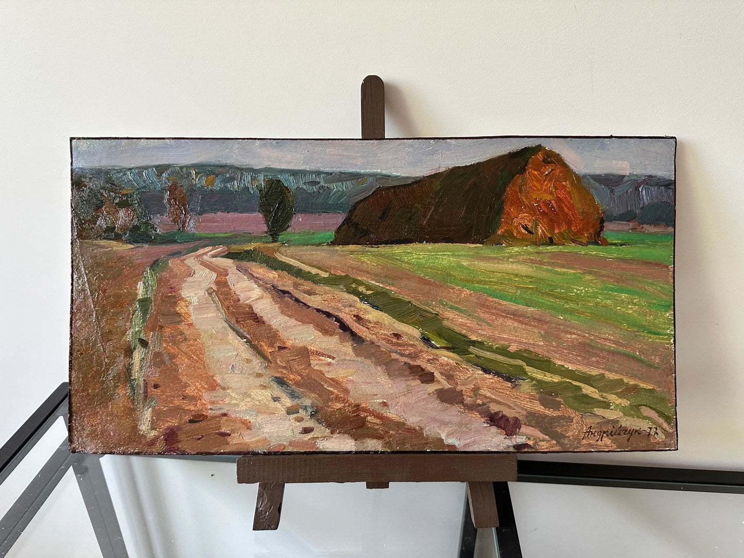 VINTAGE ORIGINAL PAINTING, oil painting, ukrainian painting, impressionism, landscape, Autumn road, 1977, artist M. Andriychuk