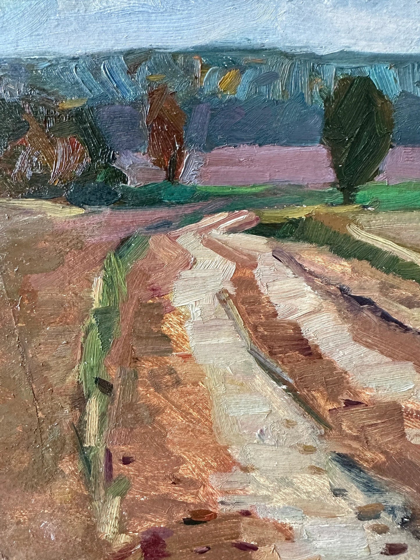 VINTAGE ORIGINAL PAINTING, oil painting, ukrainian painting, impressionism, landscape, Autumn road, 1977, artist M. Andriychuk