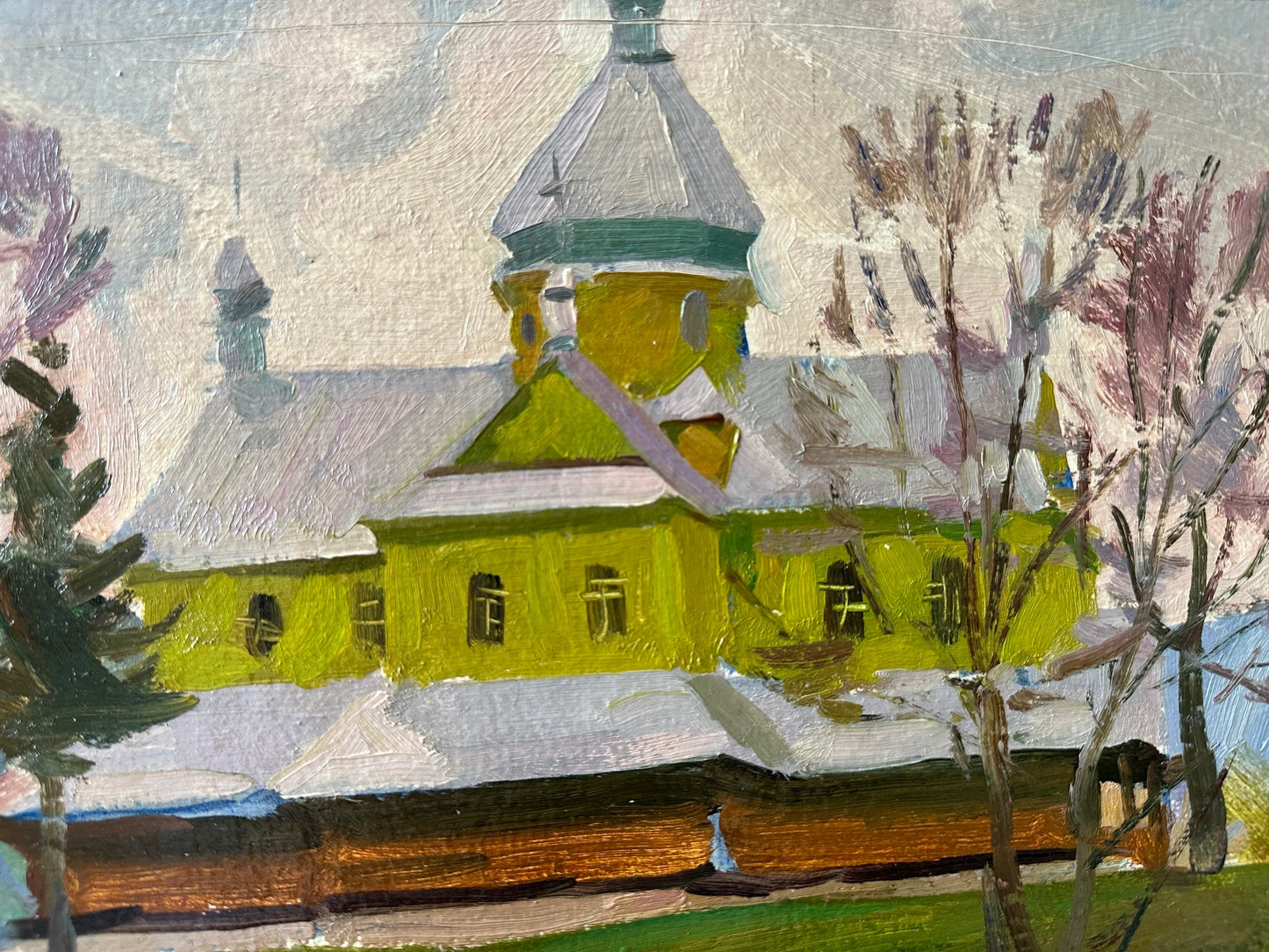 Original oil painting, gift, ukrainian painting vintage, wall painting, landscape, architecture, Church in the village, artist M. Andriychuk