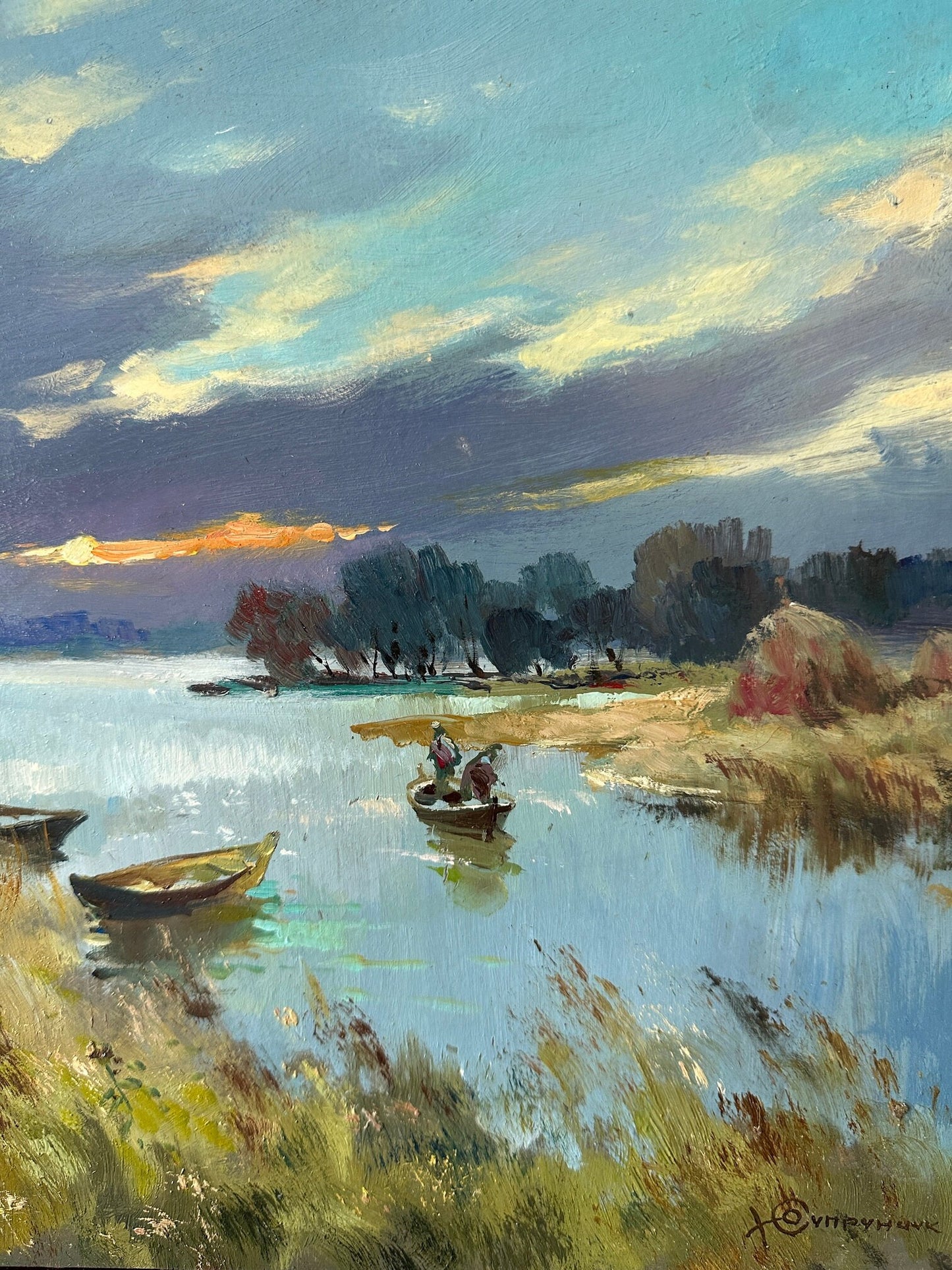 Original painting, gift, ukrainian painting, vintage, wall painting, wall art, landscape, Sunset, Evening fishing, artist Y. Suprunchuk