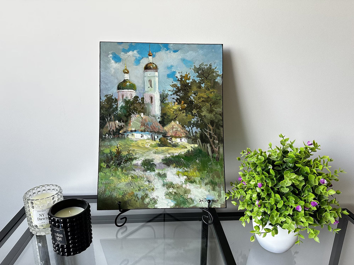 Original painting, gift, ukrainian painting, vintage, wall painting, wall art, landscape, Sunny, Church in the village, artist Y. Suprunchuk