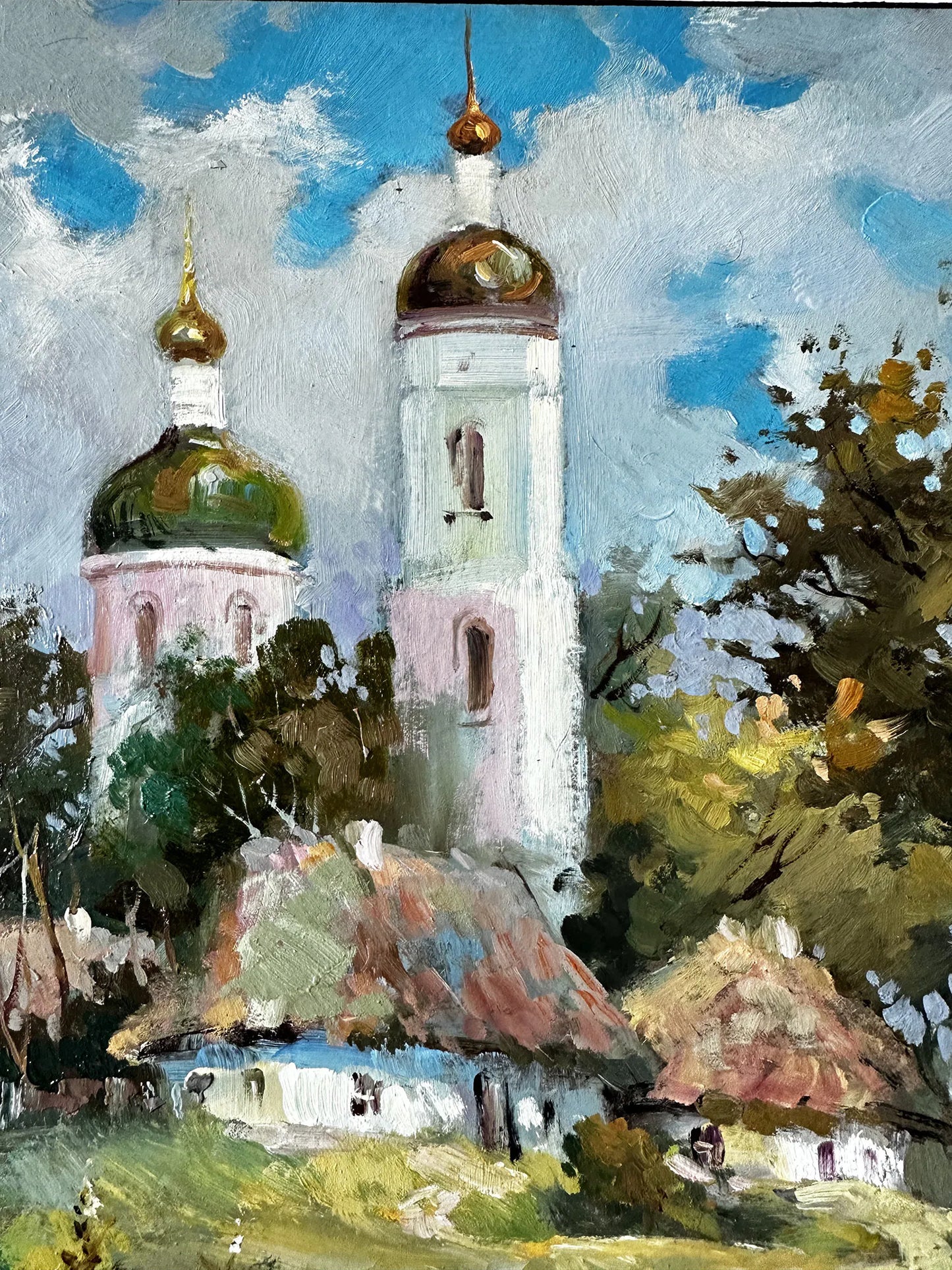 Original painting, gift, ukrainian painting, vintage, wall painting, wall art, landscape, Sunny, Church in the village, artist Y. Suprunchuk