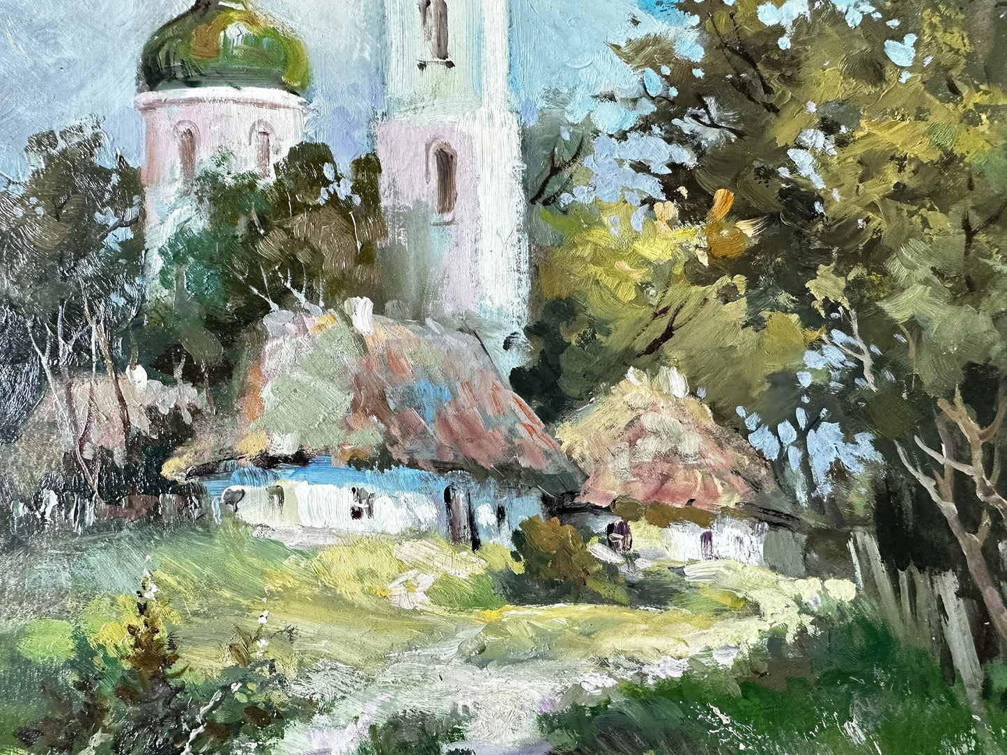 Original painting, gift, ukrainian painting, vintage, wall painting, wall art, landscape, Sunny, Church in the village, artist Y. Suprunchuk