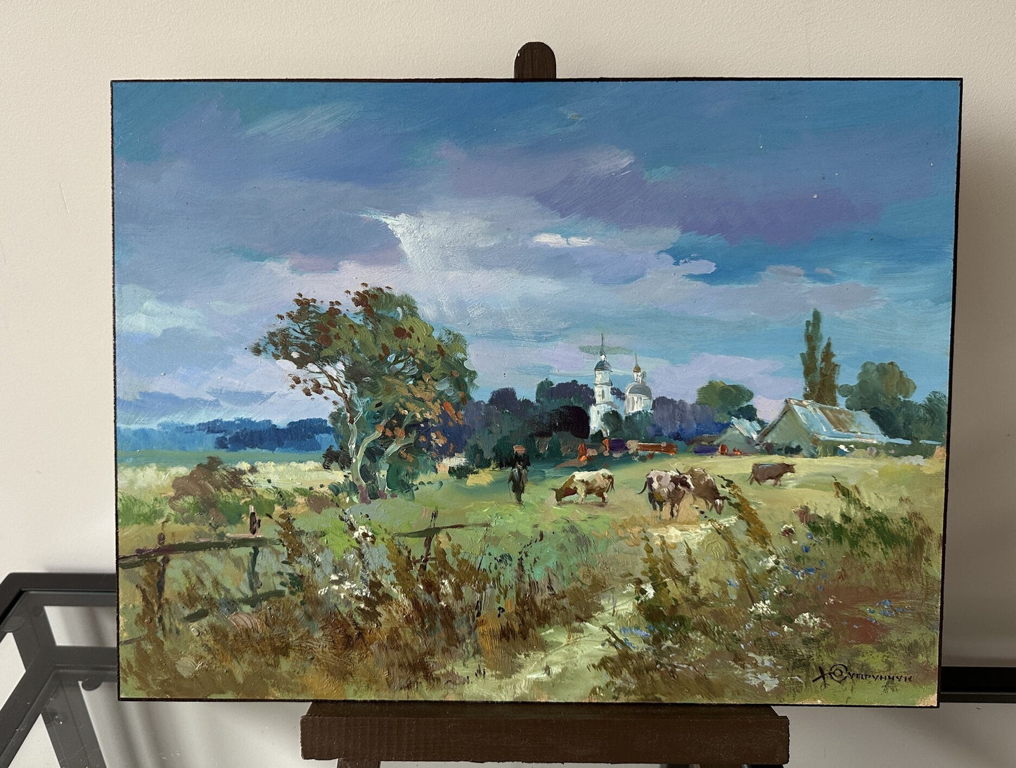 Original oil painting, gift for her, ukrainian painting, vintage, wall art, landscape, In the pasture, artist Y. Suprunchuk