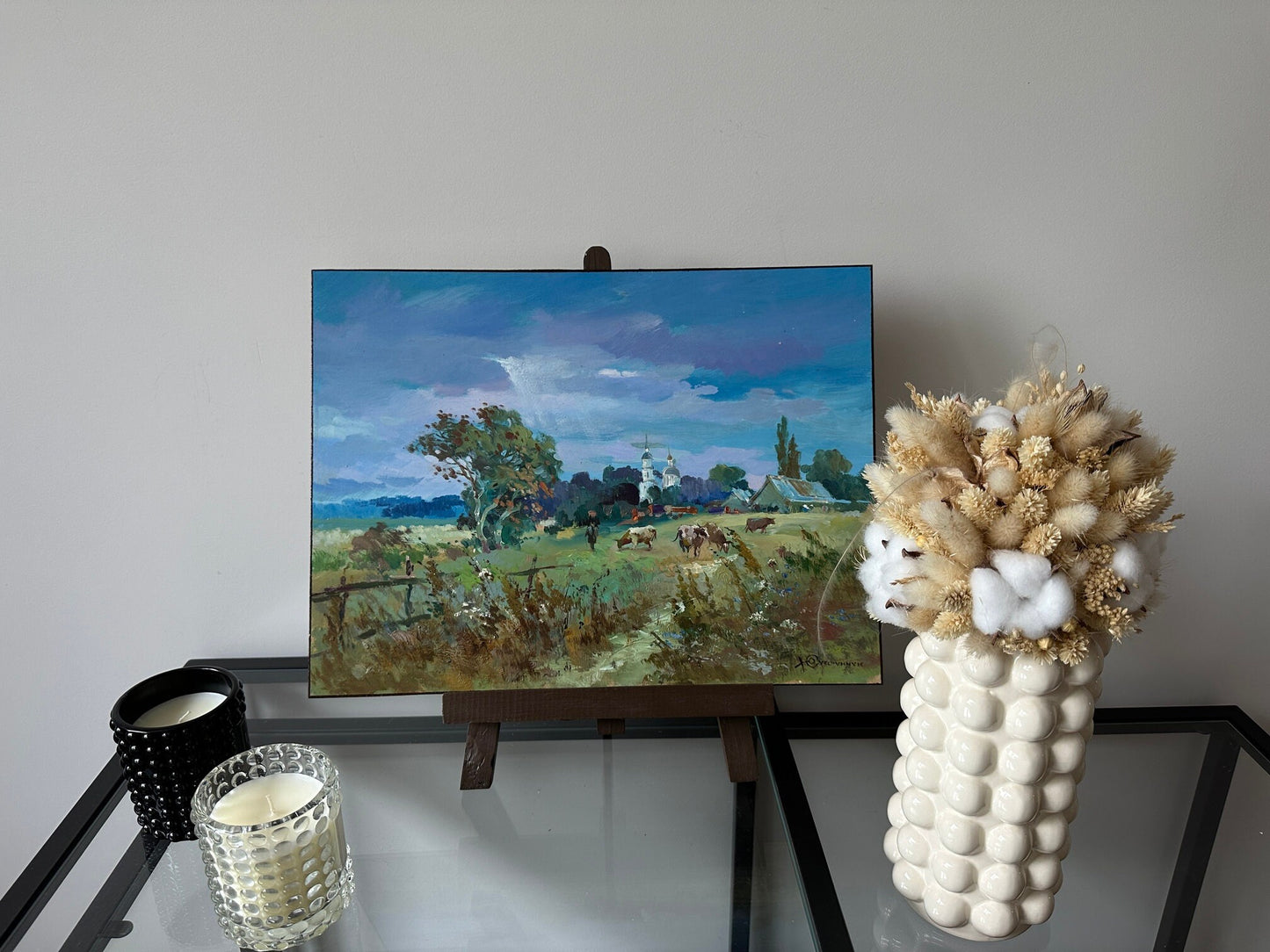 Original oil painting, gift for her, ukrainian painting, vintage, wall art, landscape, In the pasture, artist Y. Suprunchuk