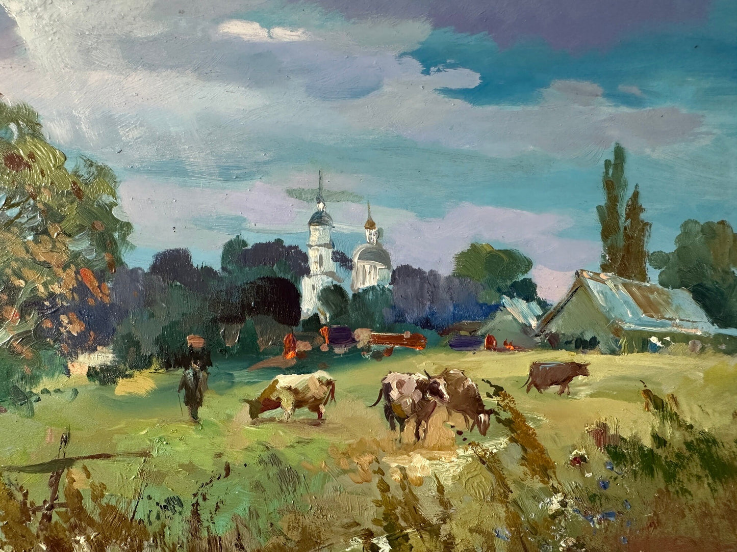 Original oil painting, gift for her, ukrainian painting, vintage, wall art, landscape, In the pasture, artist Y. Suprunchuk