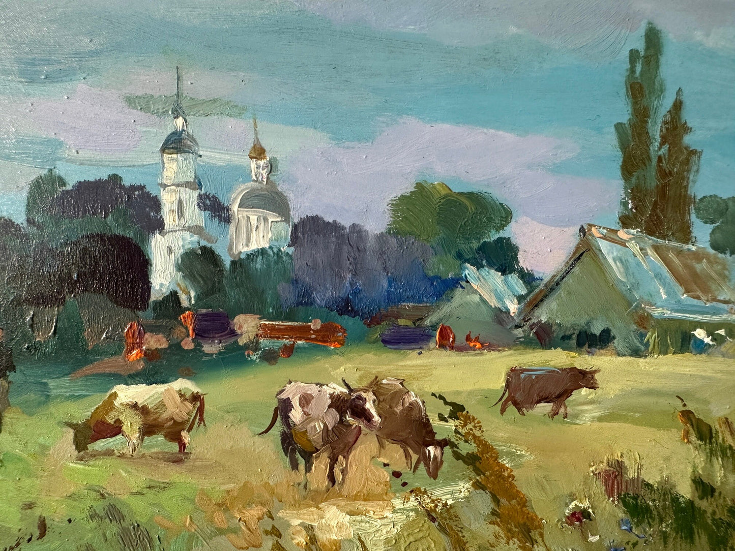 Original oil painting, gift for her, ukrainian painting, vintage, wall art, landscape, In the pasture, artist Y. Suprunchuk