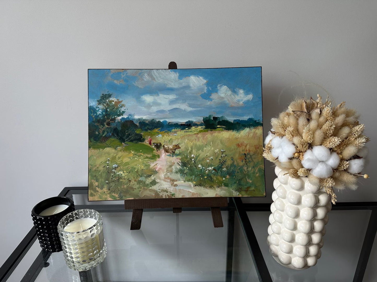 Original oil painting, gift for her, ukrainian painting, vintage, wall art, landscape, In the pasture, artist Y. Suprunchuk