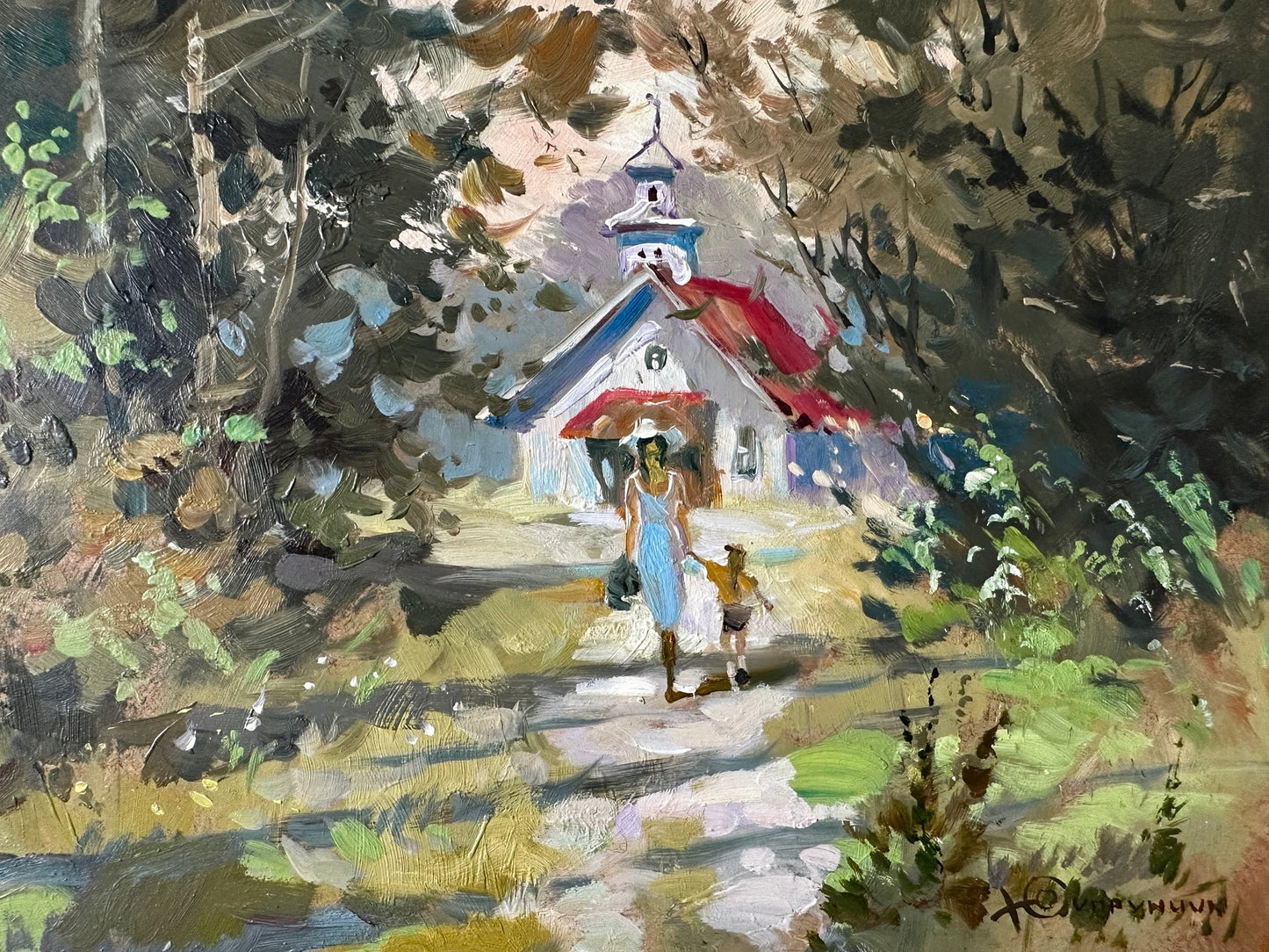 Original oil painting, gift for her, ukrainian painting, vintage, wall art, landscape, Path to the chapel, artist Y. Suprunchuk