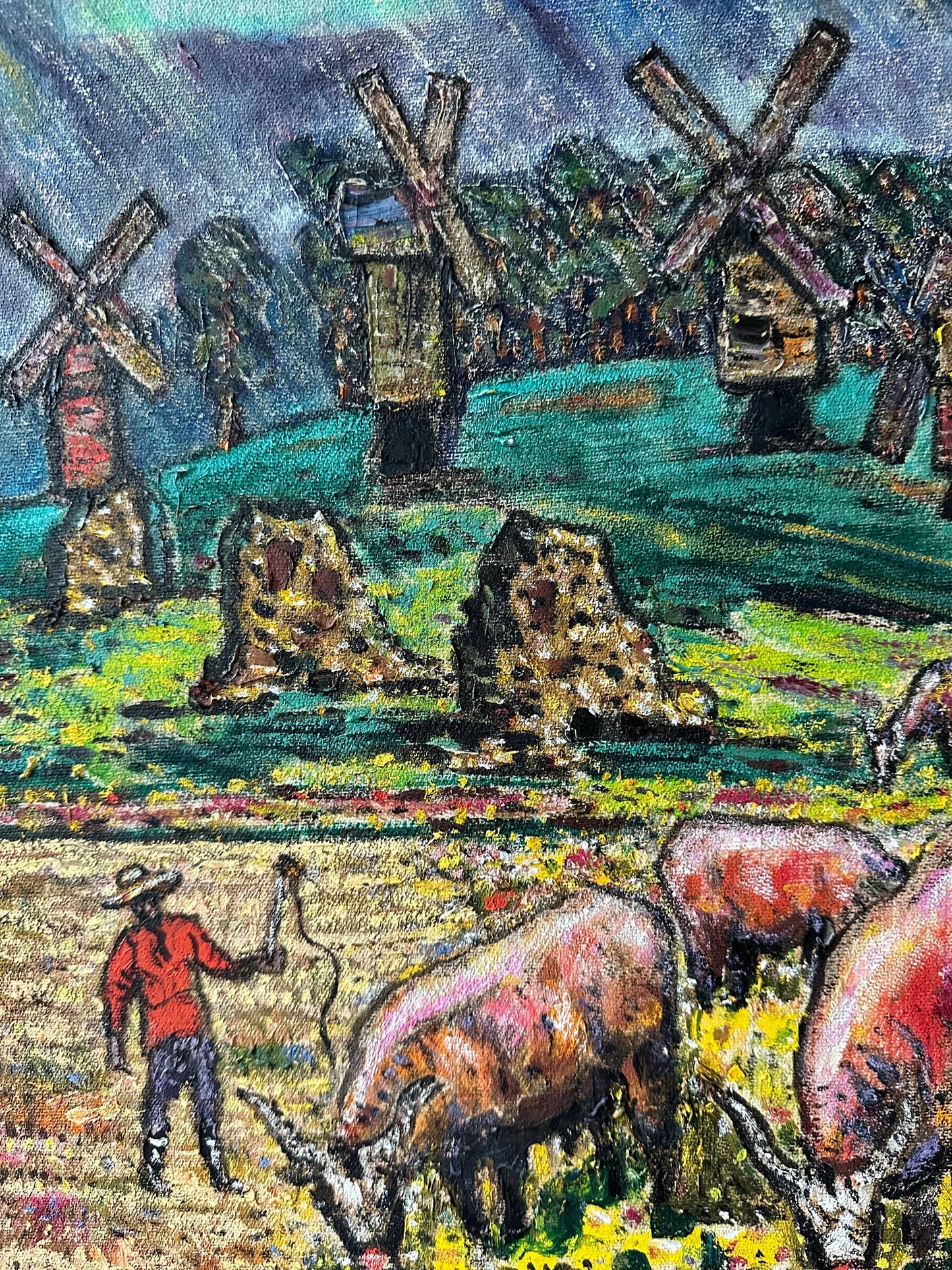 Vintage painting, gift for her, handmade painting, wall art, impressionism, landscape, Oxen near the windmill, artist L. Litvin