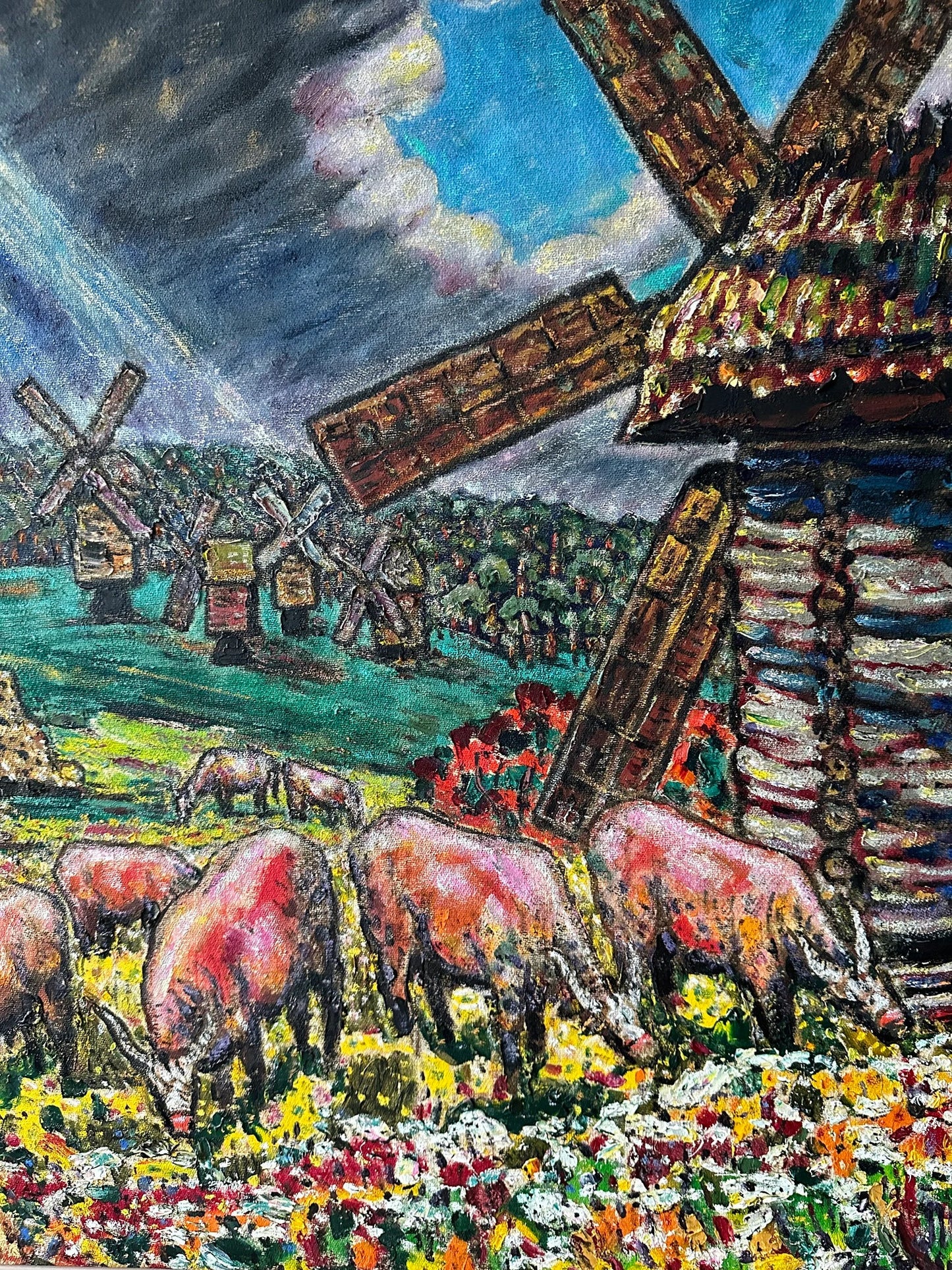 Vintage painting, gift for her, handmade painting, wall art, impressionism, landscape, Oxen near the windmill, artist L. Litvin