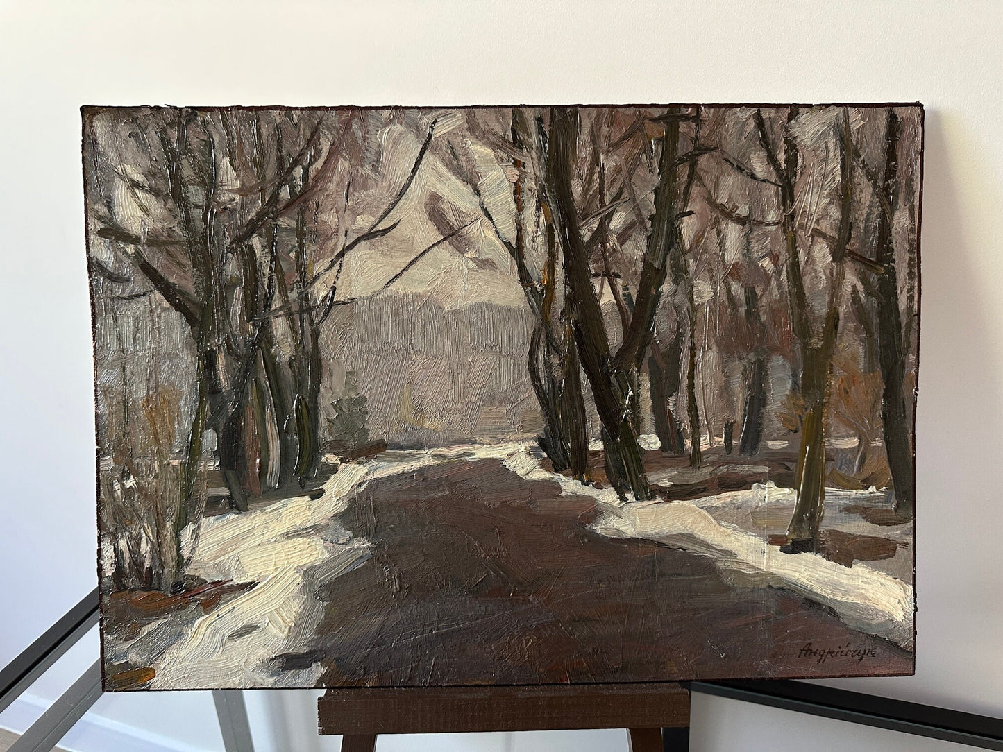 Original painting, ukrainian painting, vintage, wall art, impressionism, landscape, Winter road, artist M. Andriychuk