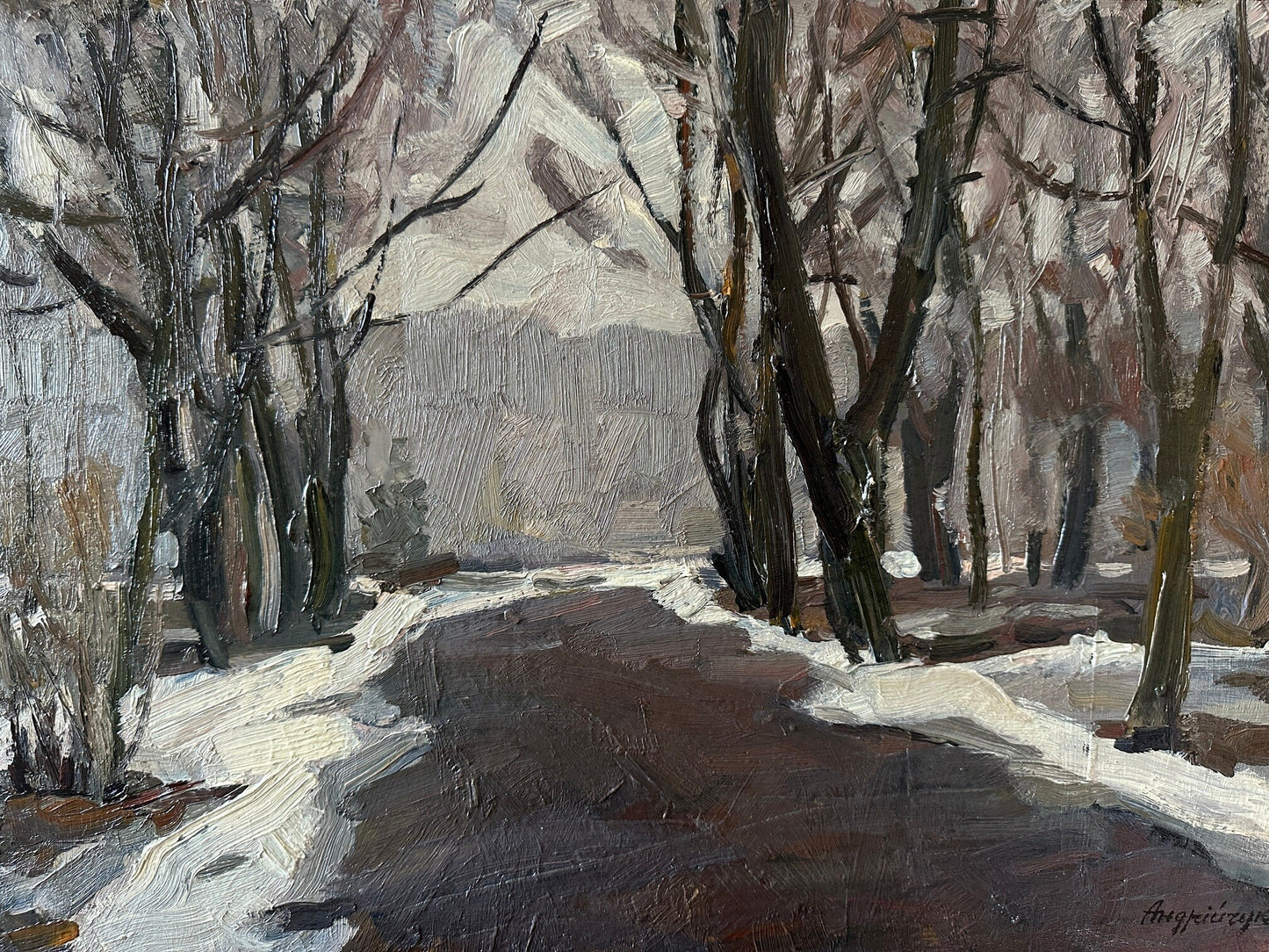 Original painting, ukrainian painting, vintage, wall art, impressionism, landscape, Winter road, artist M. Andriychuk