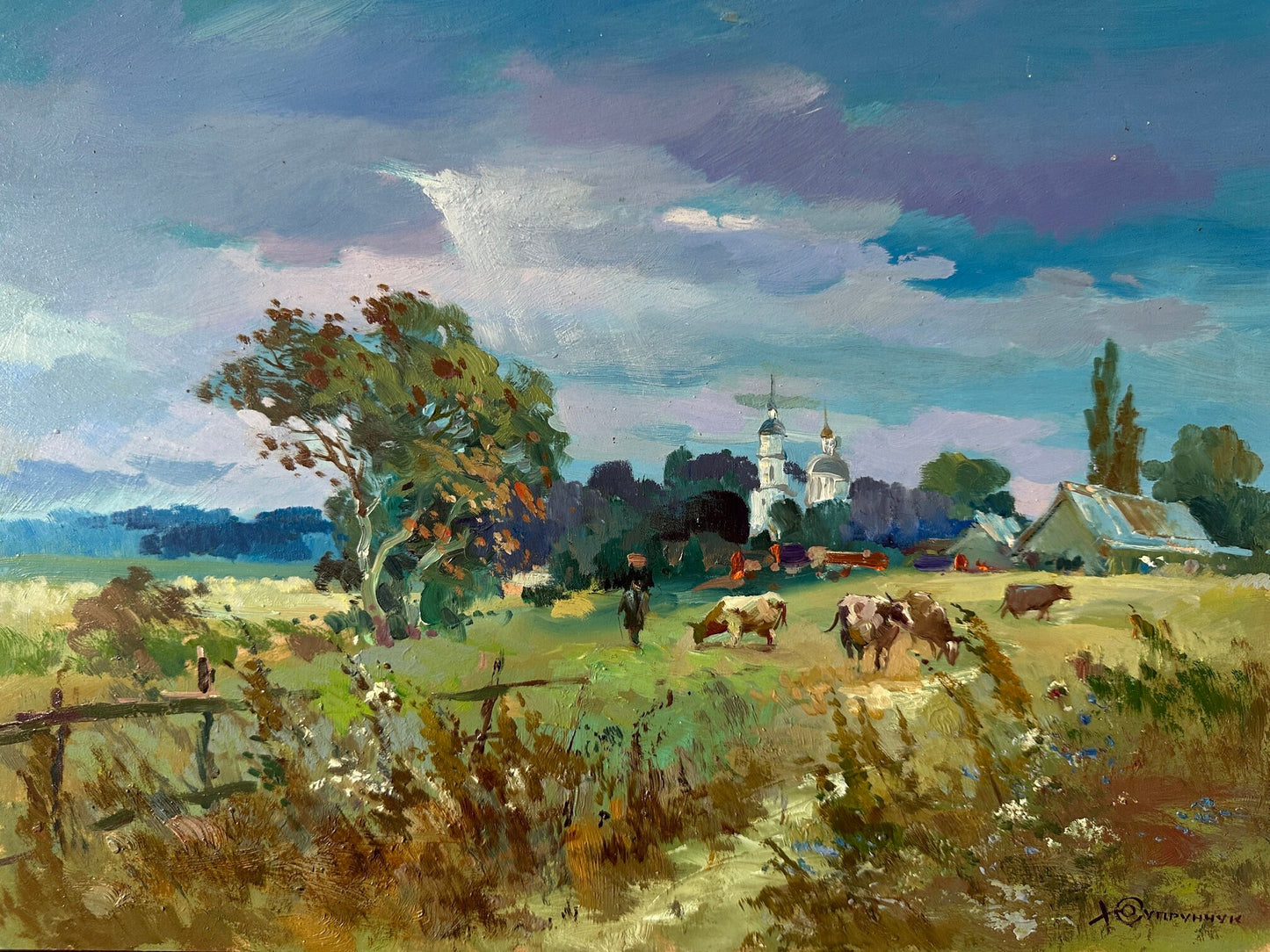 Original oil painting, gift for her, ukrainian painting, vintage, wall art, landscape, In the pasture, artist Y. Suprunchuk