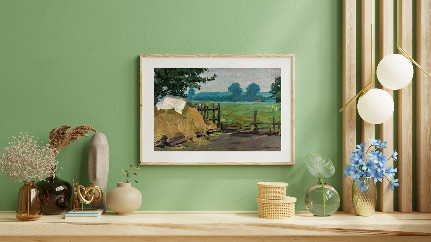 Original painting, ukrainian painting, vintage, wall art, impressionism, landscape, Rural courtyard, A stack of hay, artist M. Andriychuk