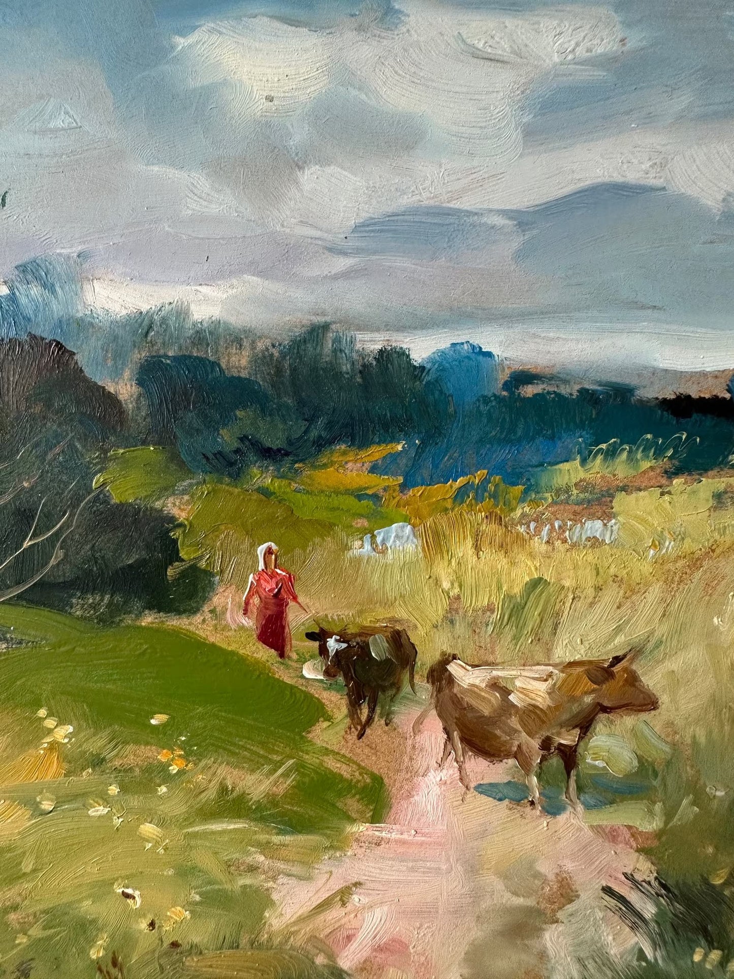 Original oil painting, gift for her, ukrainian painting, vintage, wall art, landscape, In the pasture, artist Y. Suprunchuk