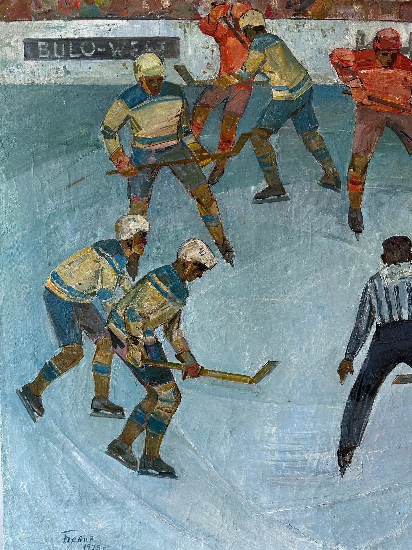 VINTAGE PAINTING, oil painting, socialist realism, wall art, genre painting, Hockey, Duel, Competition, artist V. Belov