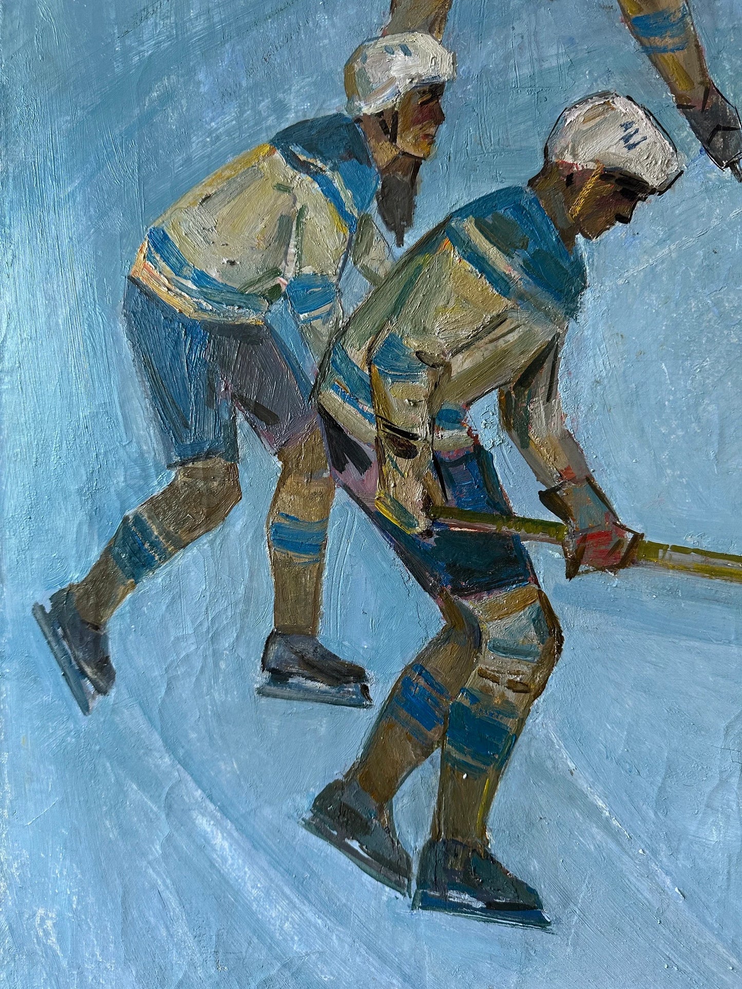 VINTAGE PAINTING, oil painting, socialist realism, wall art, genre painting, Hockey, Duel, Competition, artist V. Belov