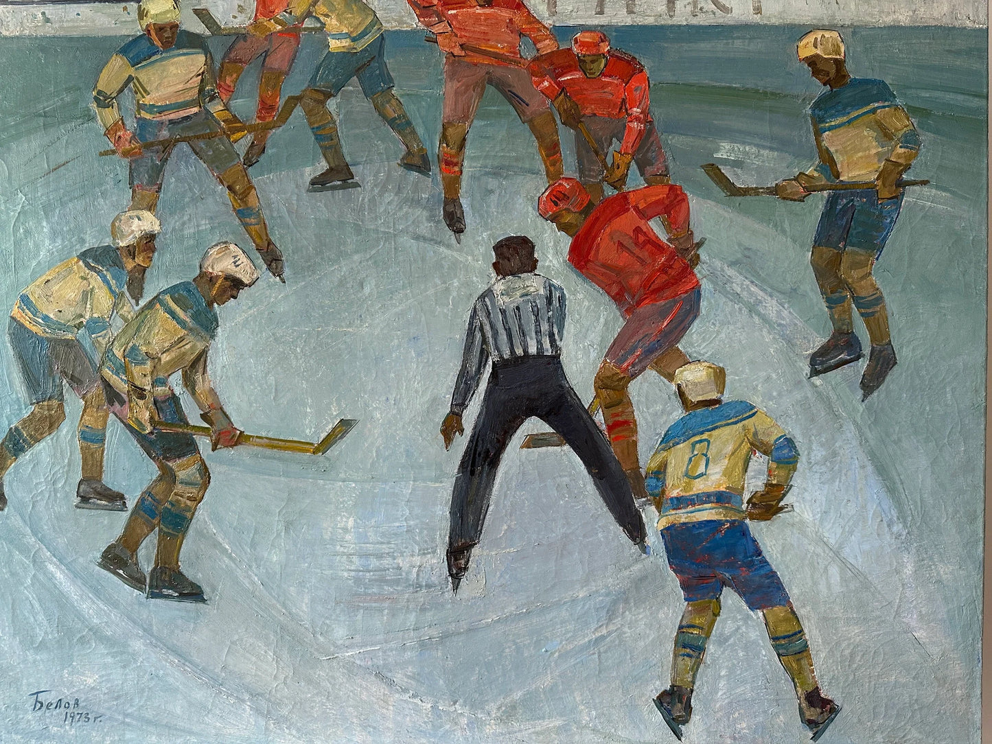 VINTAGE PAINTING, oil painting, socialist realism, wall art, genre painting, Hockey, Duel, Competition, artist V. Belov