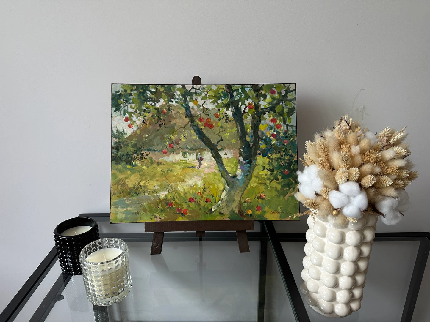 Original oil painting, ukrainian painting, vintage, wall art, landscape, Apple orchard, Home garden, artist Y. Suprunchuk