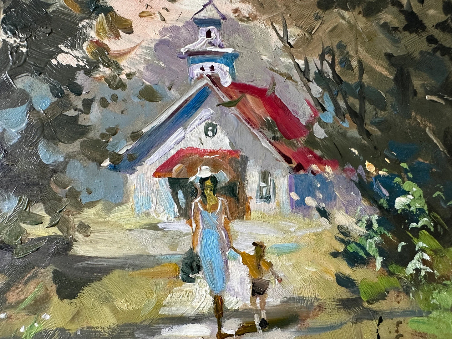 Original oil painting, gift for her, ukrainian painting, vintage, wall art, landscape, Path to the chapel, artist Y. Suprunchuk