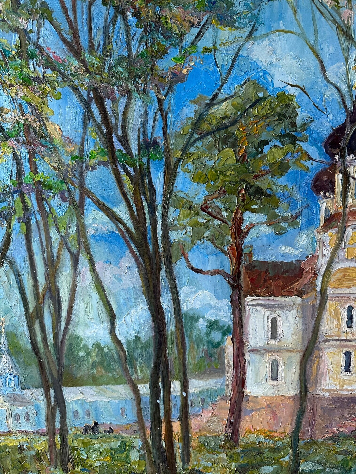 VINTAGE ORIGINAL PAINTING, oil painting, vintage realism, impressionism, landscape, Church in the village, artist V. Sanzharov