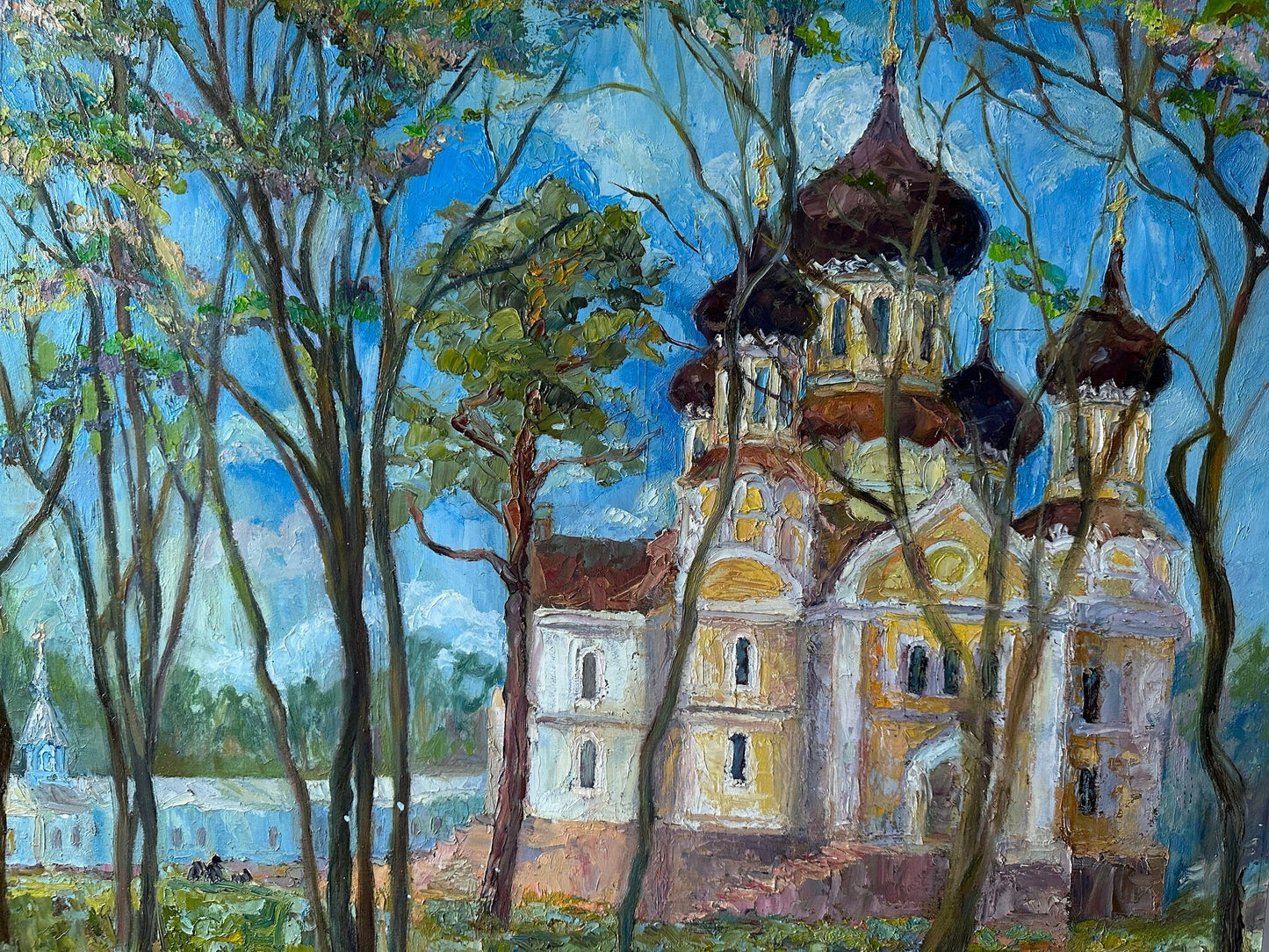 VINTAGE ORIGINAL PAINTING, oil painting, vintage realism, impressionism, landscape, Church in the village, artist V. Sanzharov