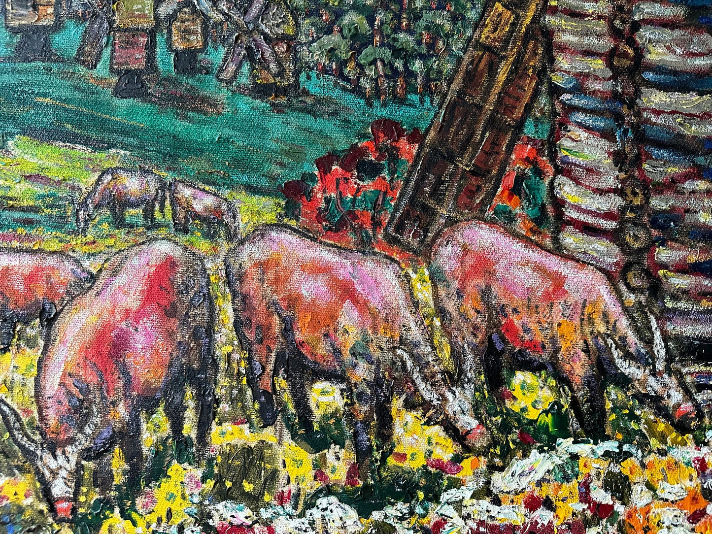 Vintage painting, gift for her, handmade painting, wall art, impressionism, landscape, Oxen near the windmill, artist L. Litvin