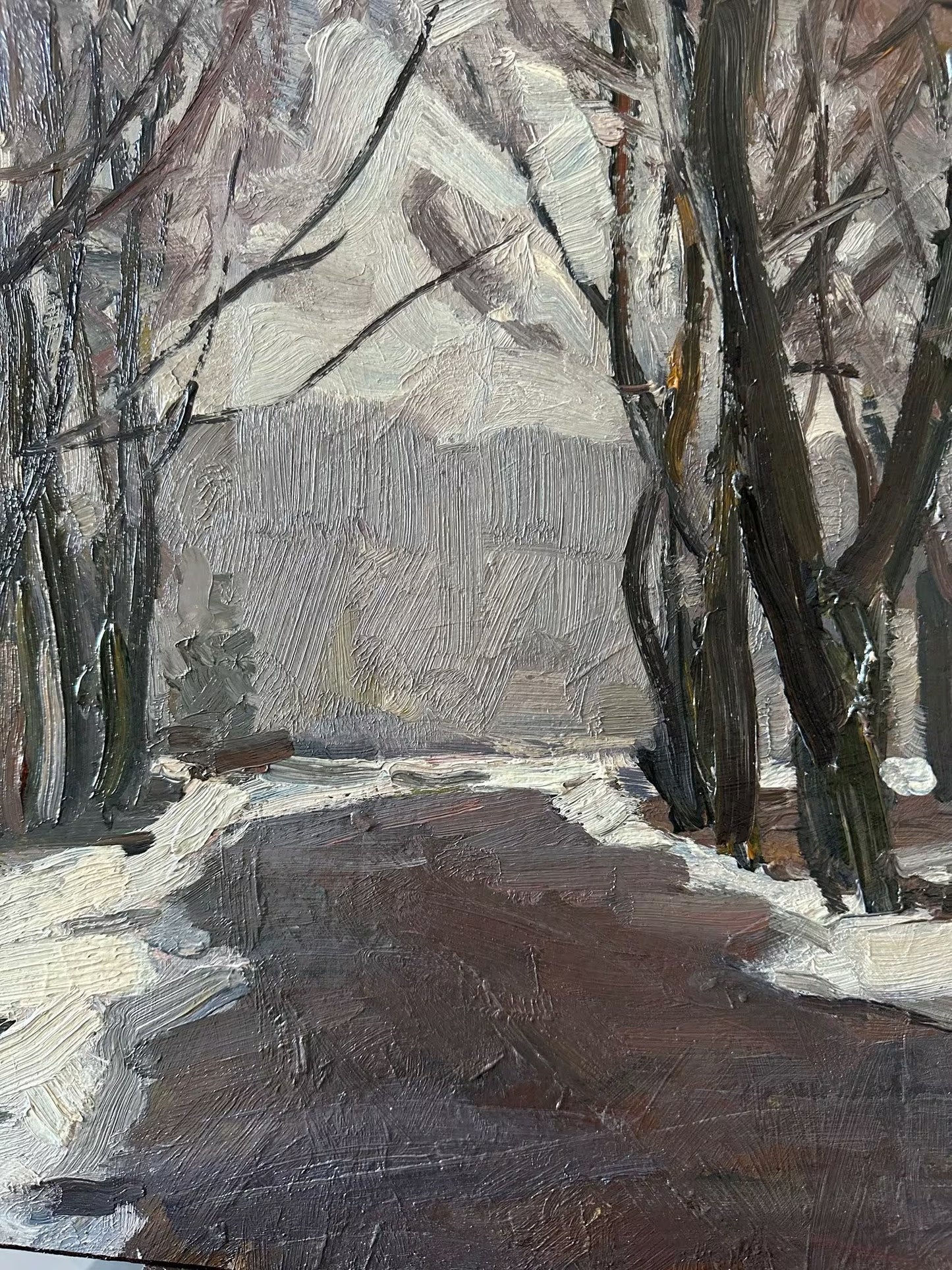 Original painting, ukrainian painting, vintage, wall art, impressionism, landscape, Winter road, artist M. Andriychuk