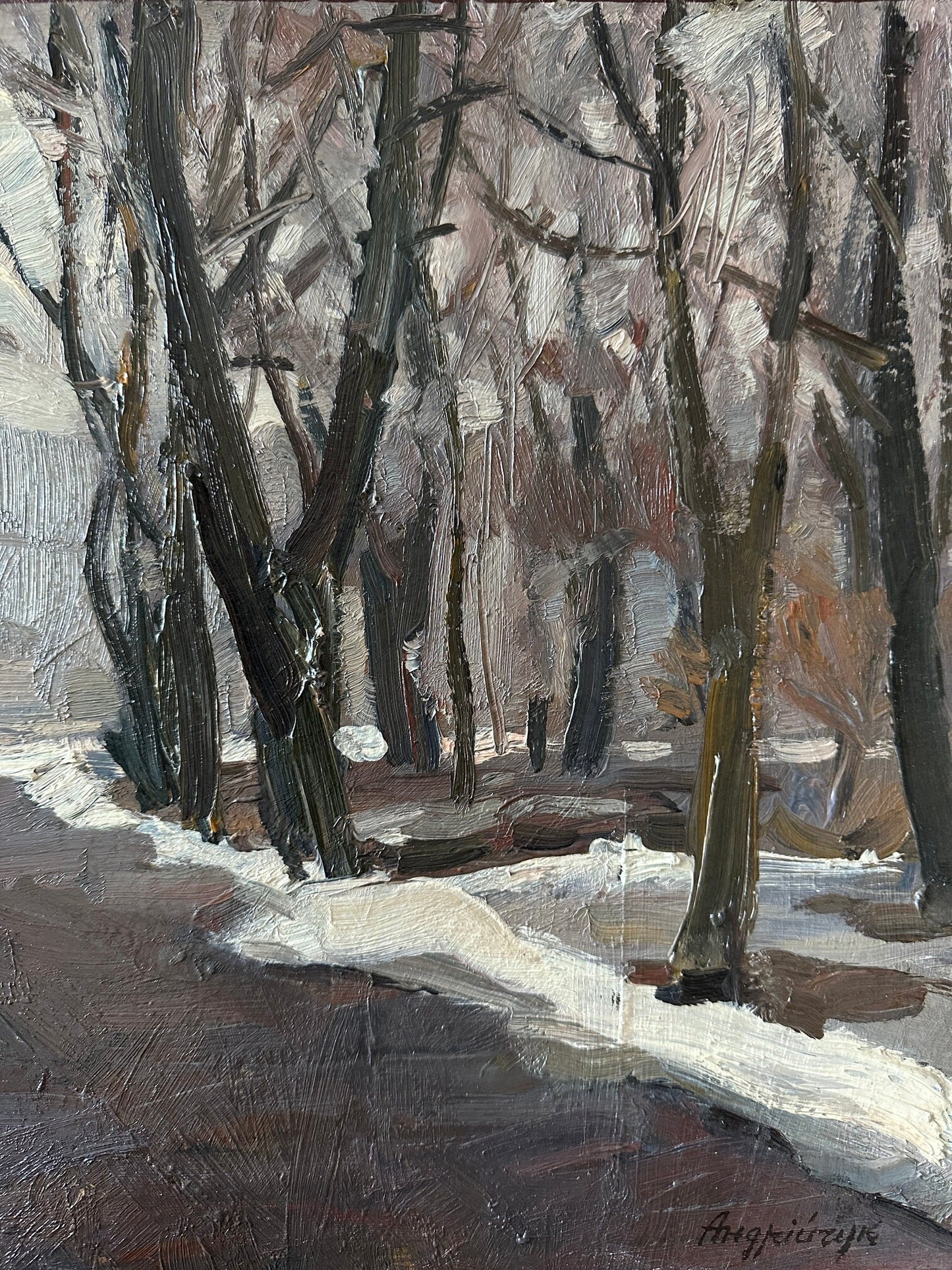 Original painting, ukrainian painting, vintage, wall art, impressionism, landscape, Winter road, artist M. Andriychuk