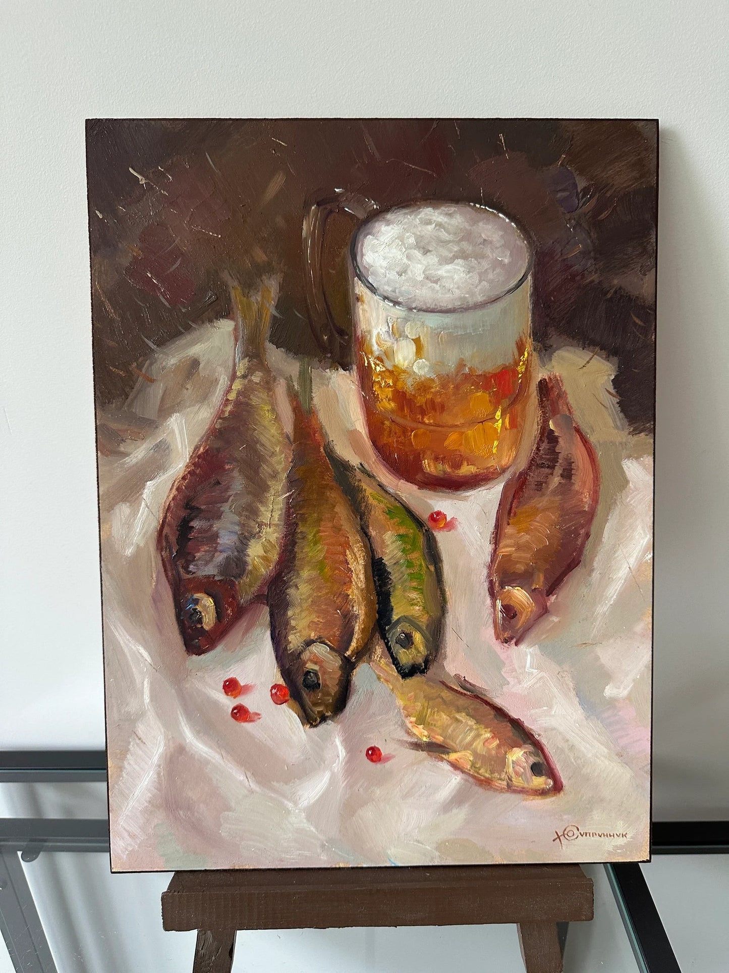 Original painting, gift for her, handmade painting, wall painting, still life, Beer and dried fish, artist Y. Suprunchuk