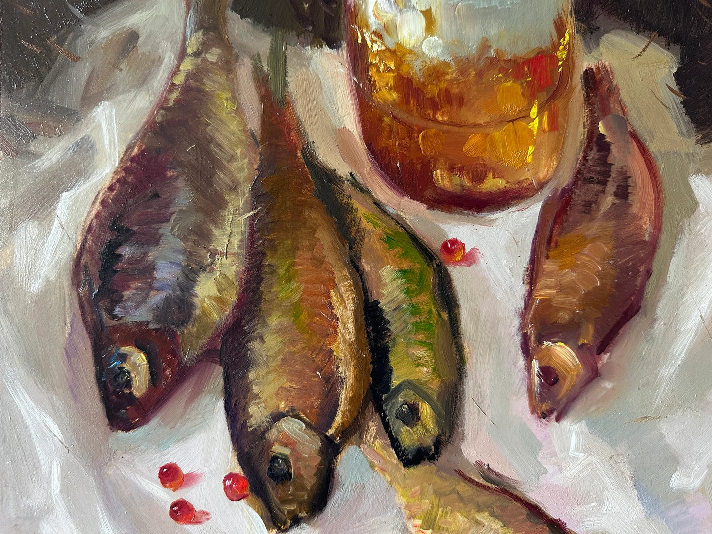 Original painting, gift for her, handmade painting, wall painting, still life, Beer and dried fish, artist Y. Suprunchuk