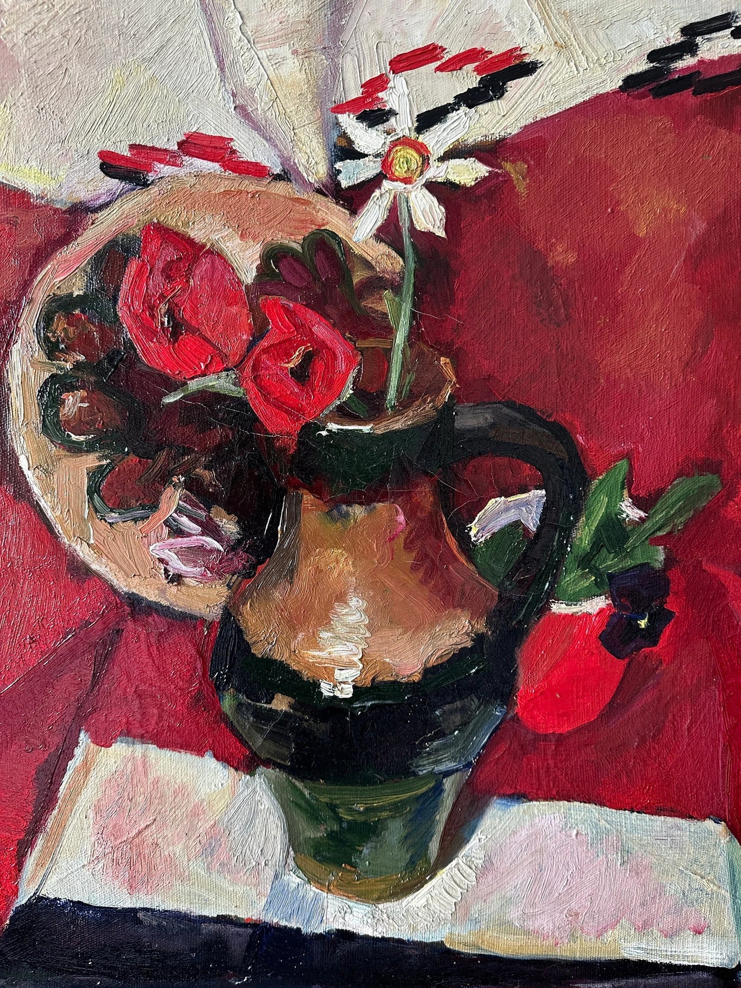 VINTAGE ORIGINAL PAINTING, oil painting, vintage realism, modern painting, still life, Flowers on the table, artist N. Falchuk