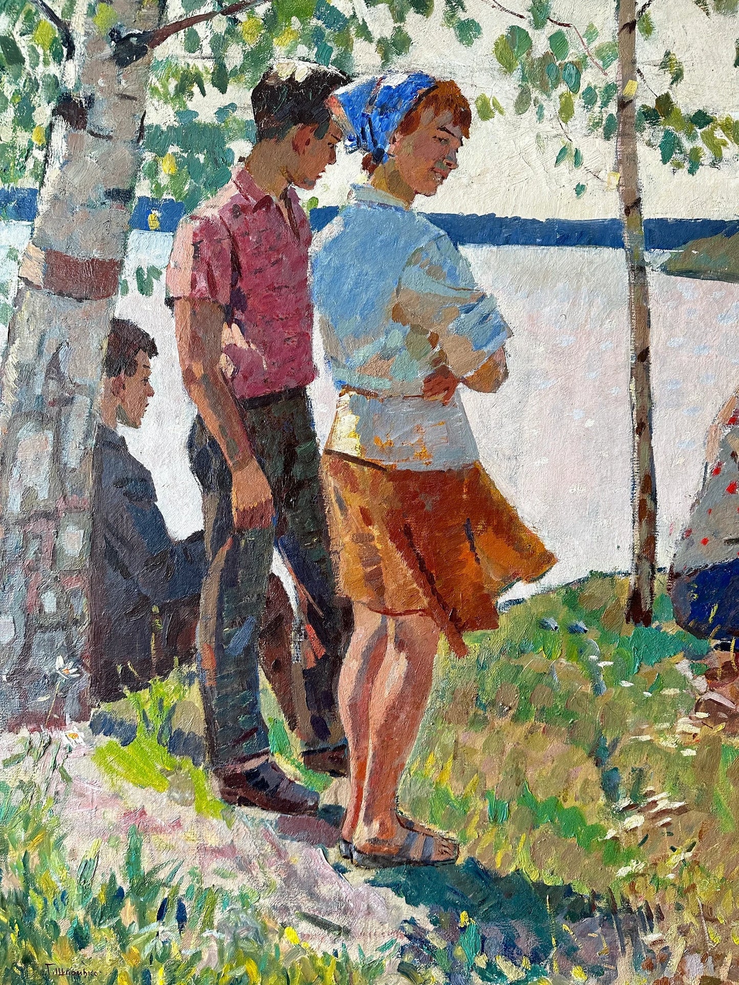 VINTAGE PAINTING, oil painting, socialist realism, wall painting, genre painting, Rest, On the river bank, artist G. Shponko