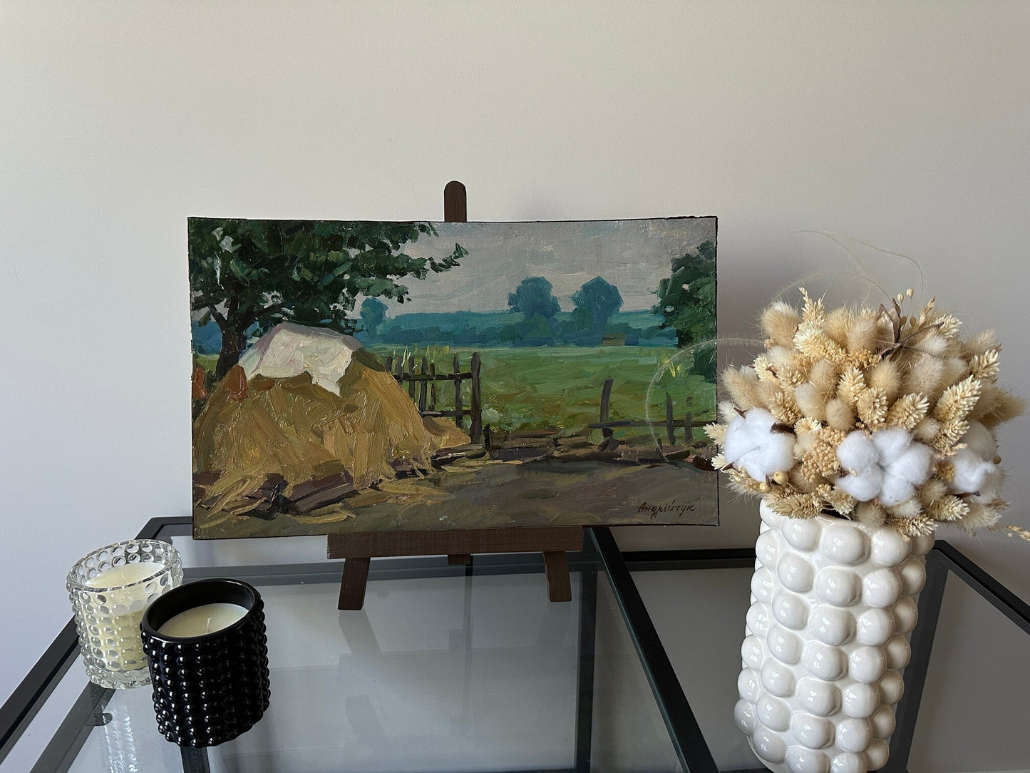 Original painting, ukrainian painting, vintage, wall art, impressionism, landscape, Rural courtyard, A stack of hay, artist M. Andriychuk