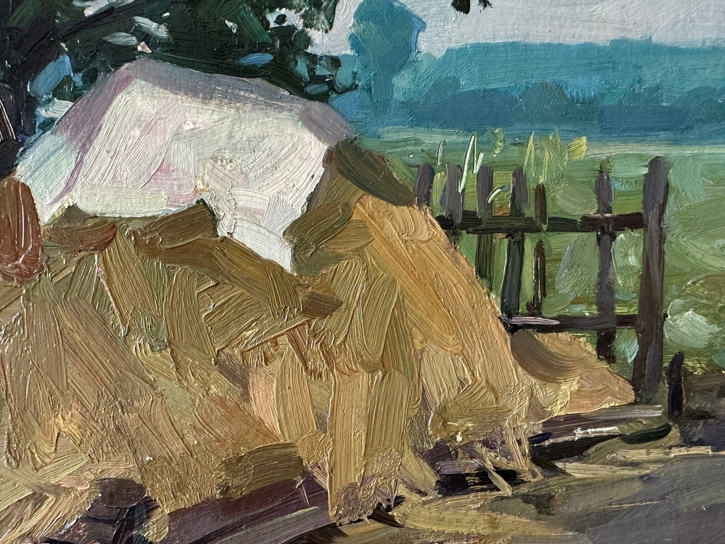 Original painting, ukrainian painting, vintage, wall art, impressionism, landscape, Rural courtyard, A stack of hay, artist M. Andriychuk