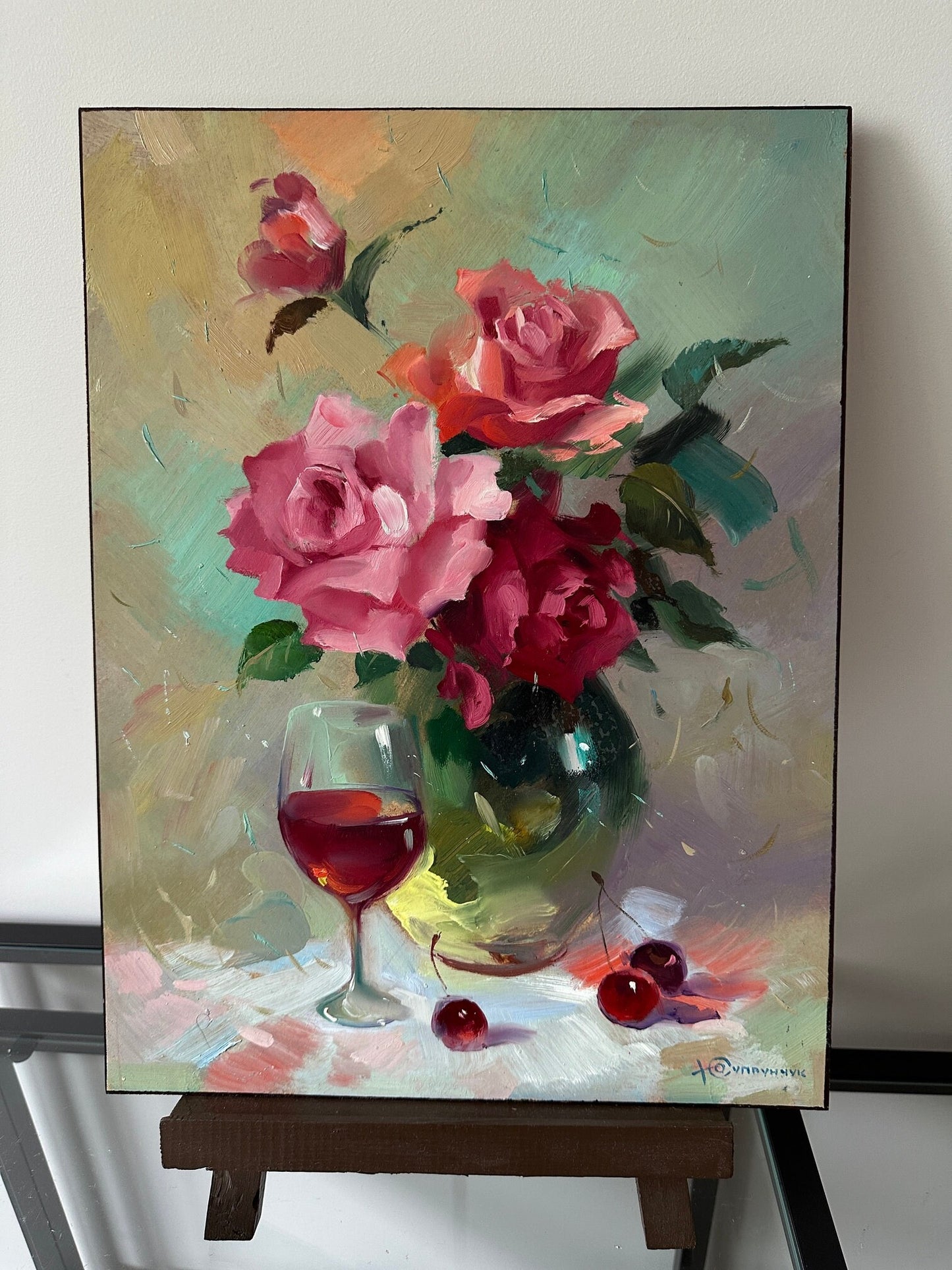 Original painting, gift, ukrainian painting, vintage, wall painting, still life, flower painting, Rose, artist Y. Suprunchuk