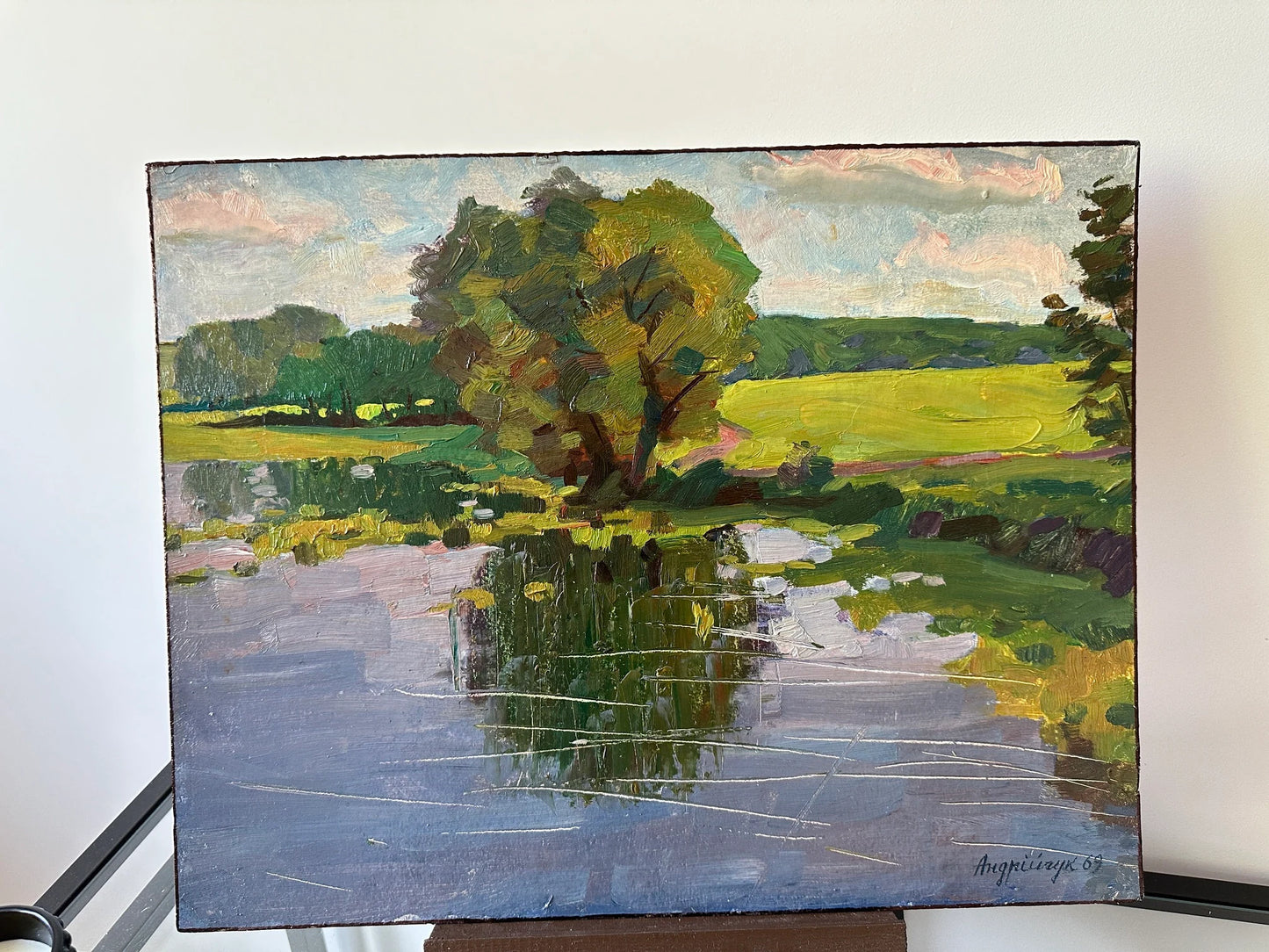 Original painting, ukrainian painting, vintage, wall art, impressionism, landscape, Bank of the pond, artist T. Andriychuk