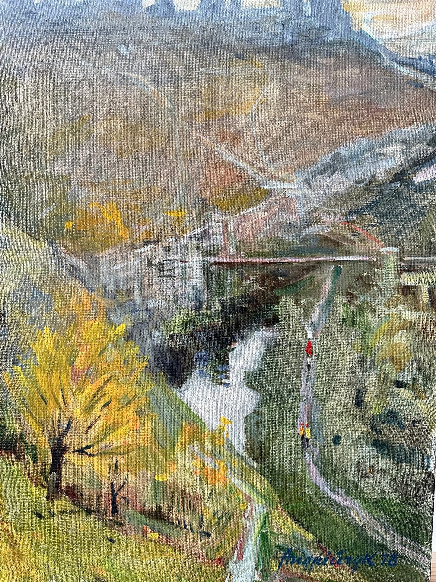 Original painting, ukrainian painting, vintage, wall art, impressionism, landscape, Autumn day in the city, artist M. Andriychuk