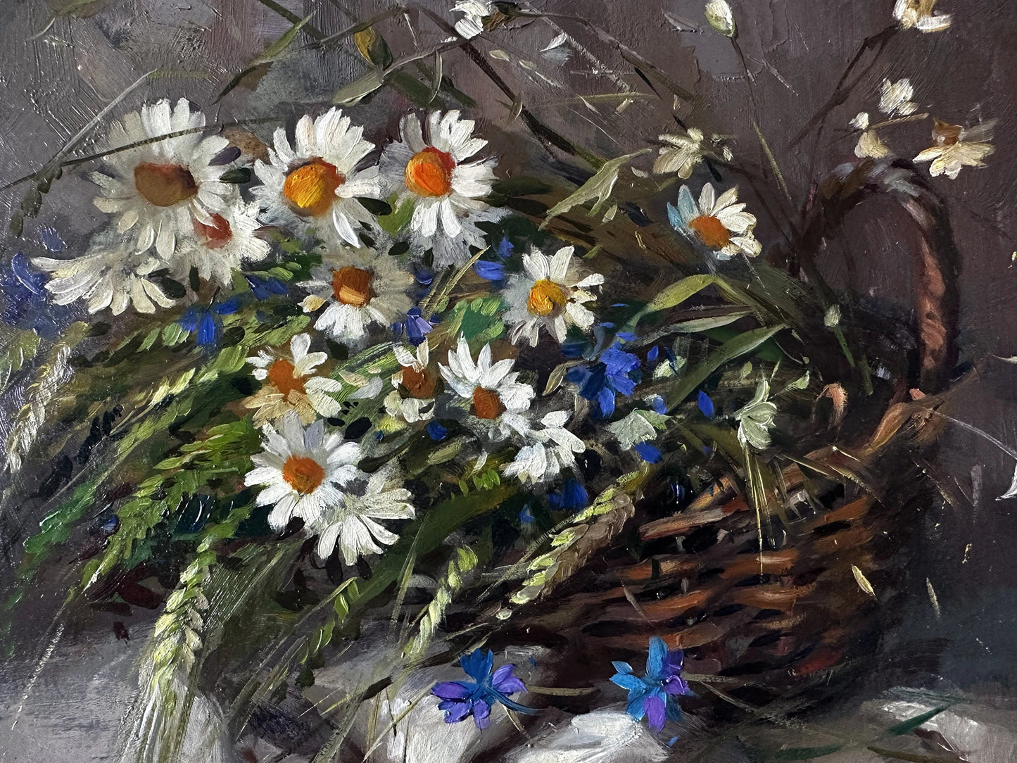 Original painting, gift, ukrainian painting, vintage, wall painting, still life, Basket of flowers, Field flowers, artist Y. Suprunchuk