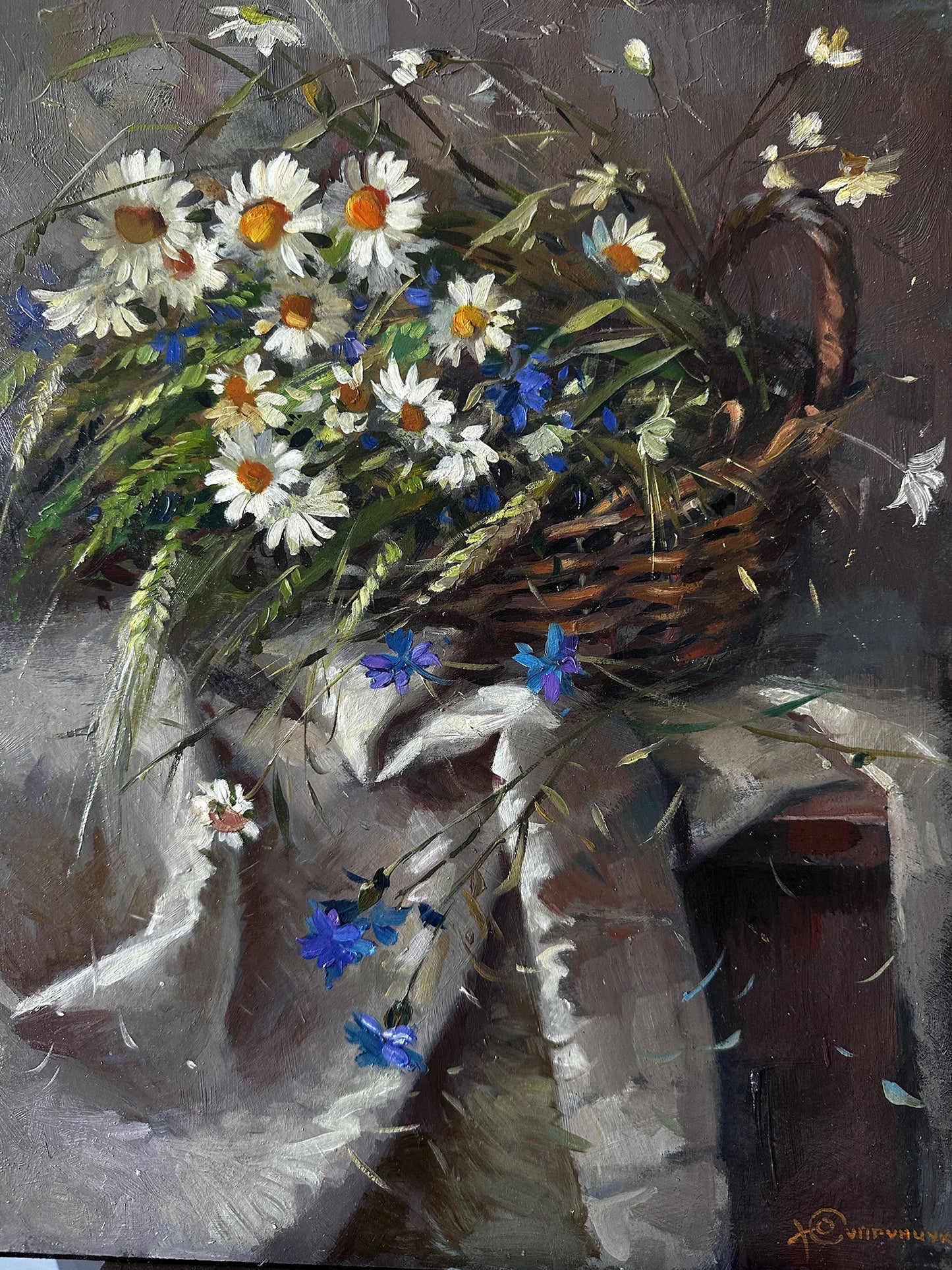 Original painting, gift, ukrainian painting, vintage, wall painting, still life, Basket of flowers, Field flowers, artist Y. Suprunchuk