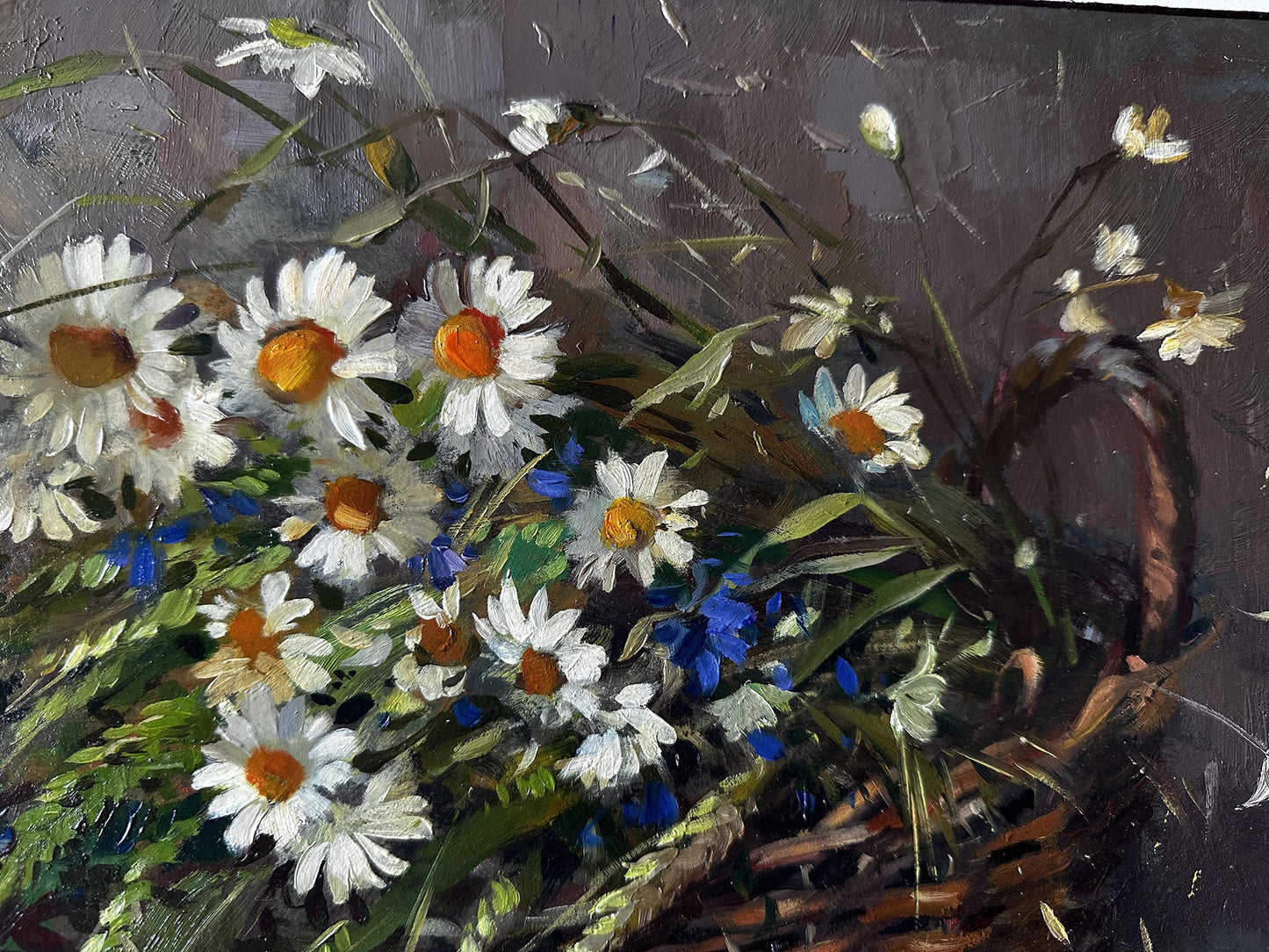 Original painting, gift, ukrainian painting, vintage, wall painting, still life, Basket of flowers, Field flowers, artist Y. Suprunchuk