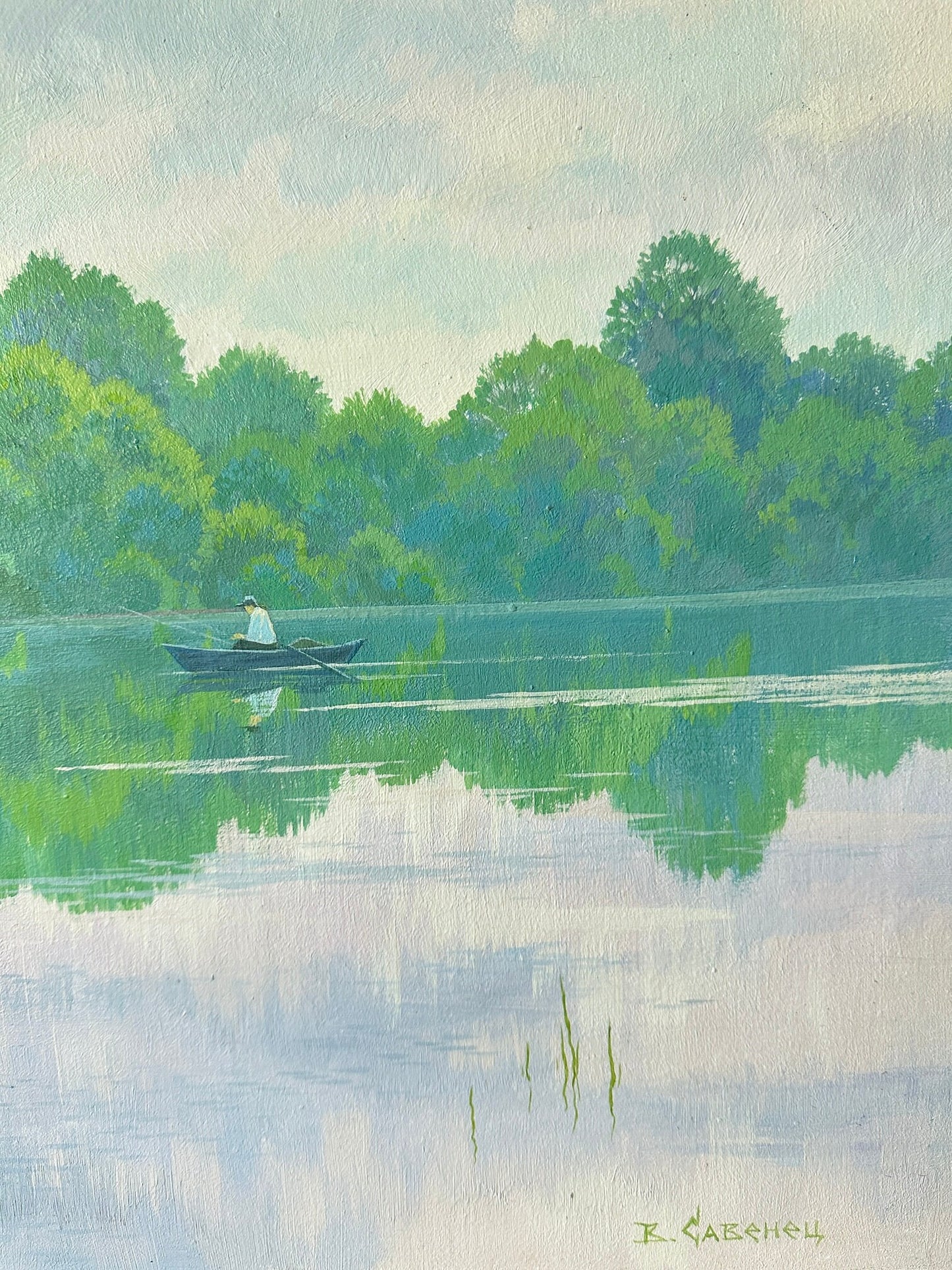 VINTAGE ORIGINAL PAINTING, oil painting, vintage realism, impressionism, landscape, Spring morning, Fishing, artist V. Savenets